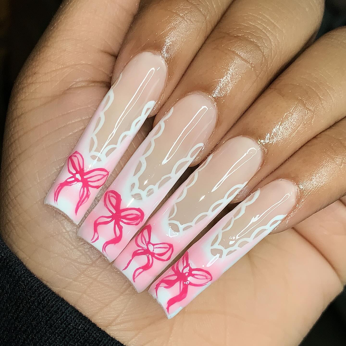 Coquette Nails With Hand Drawn Bow