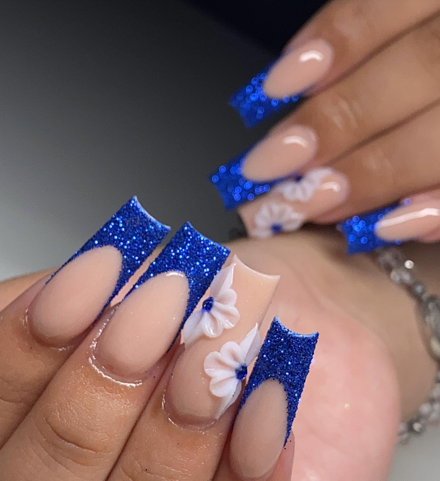 French Tips WIth Blue Glitter
