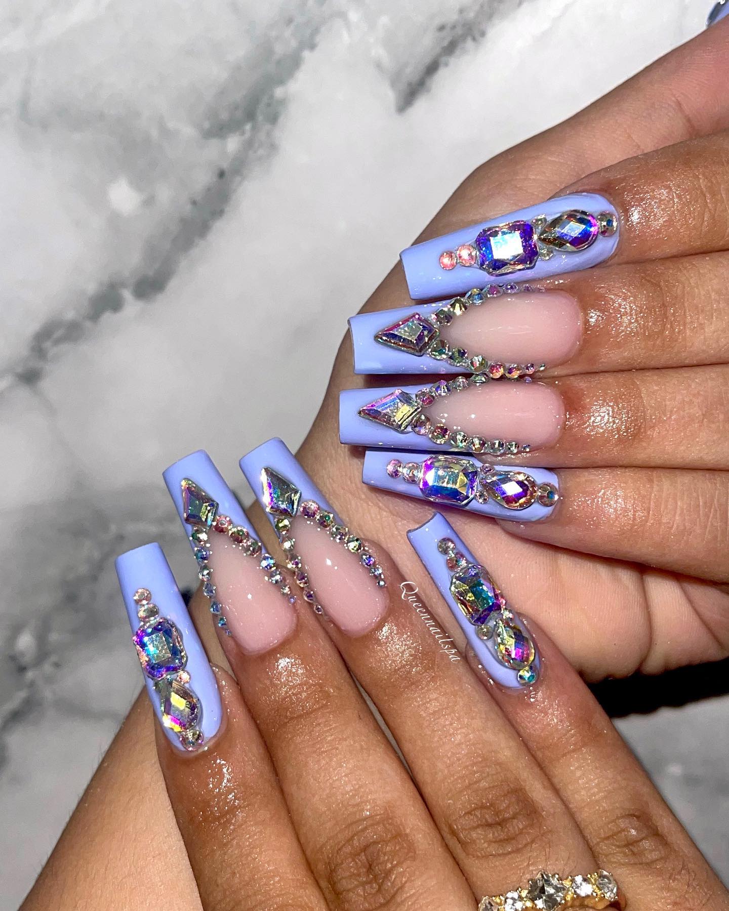 Lavender Coffin Nails With Swovoski And Rhinestones