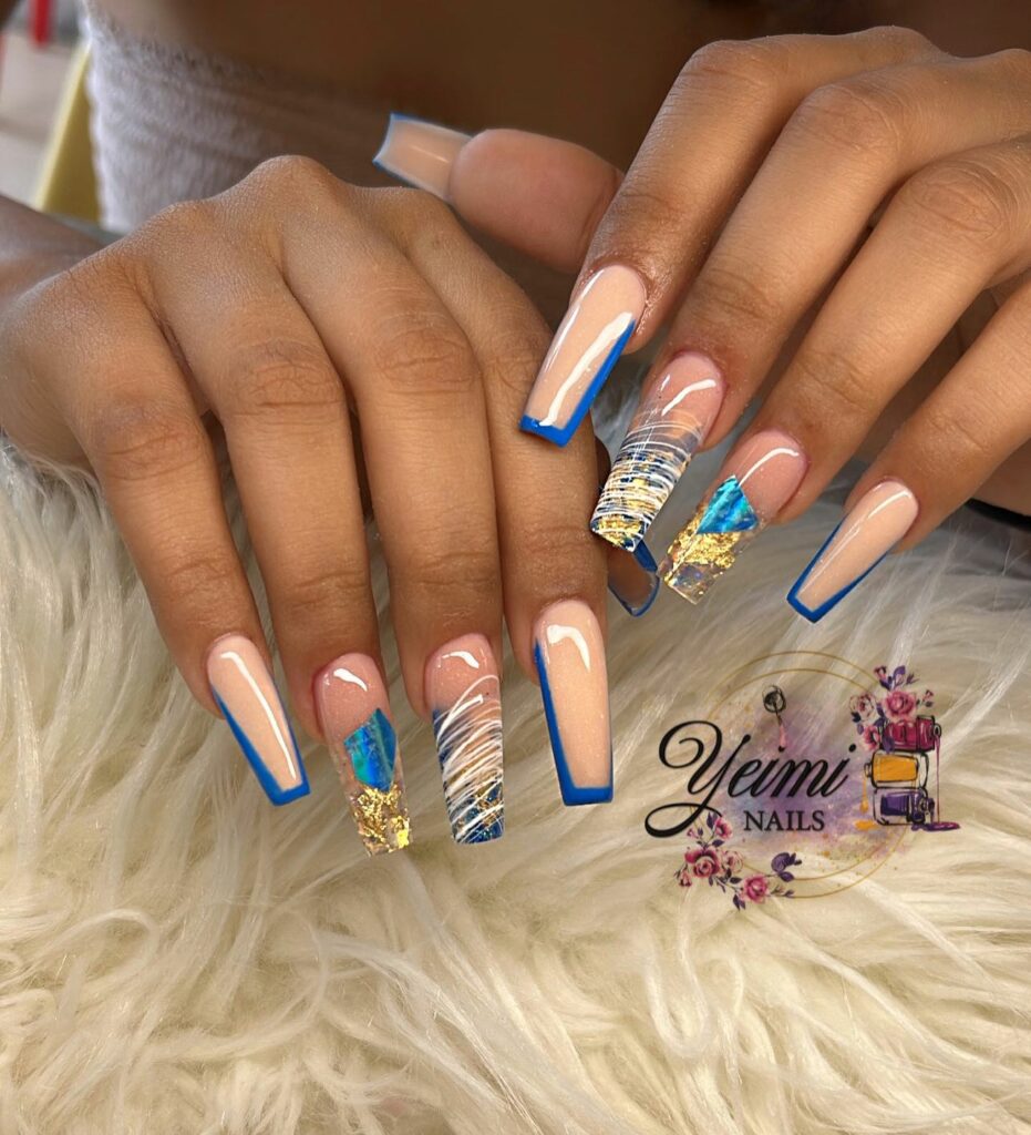 Nude And Blue Coffin Nails With Encapsulation