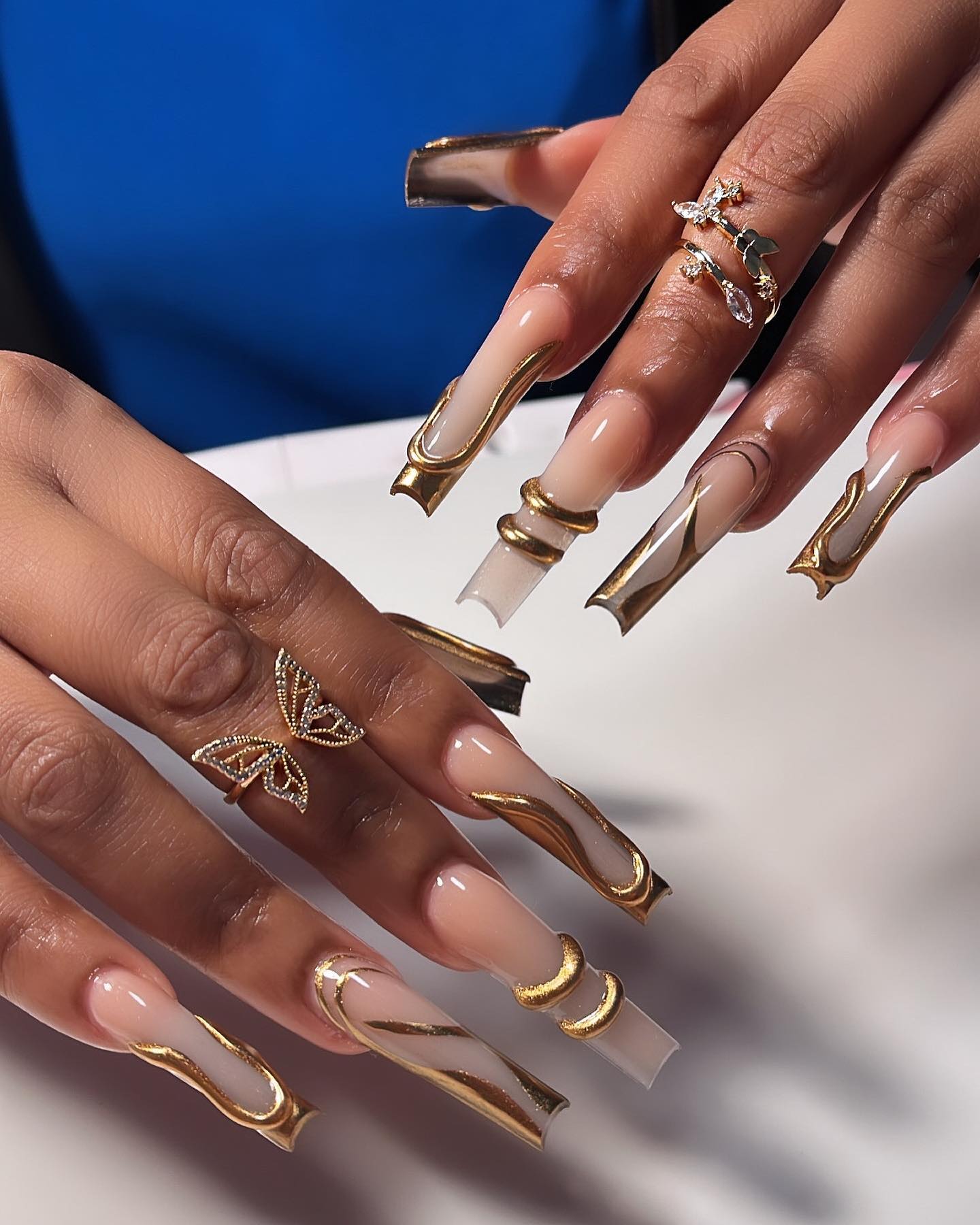 Nude Baddie Nails With 3D Chrome Design