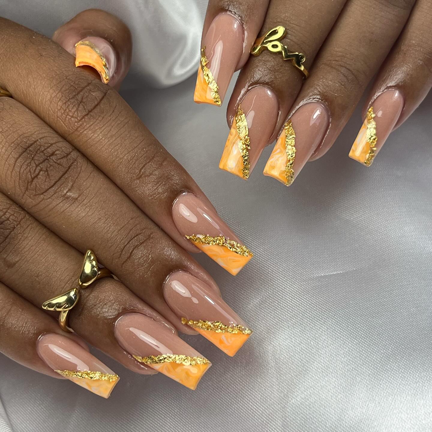 Orange And Nude Coffin Nails