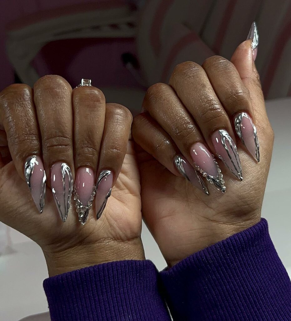 Pretty Chrome Nails With Blings