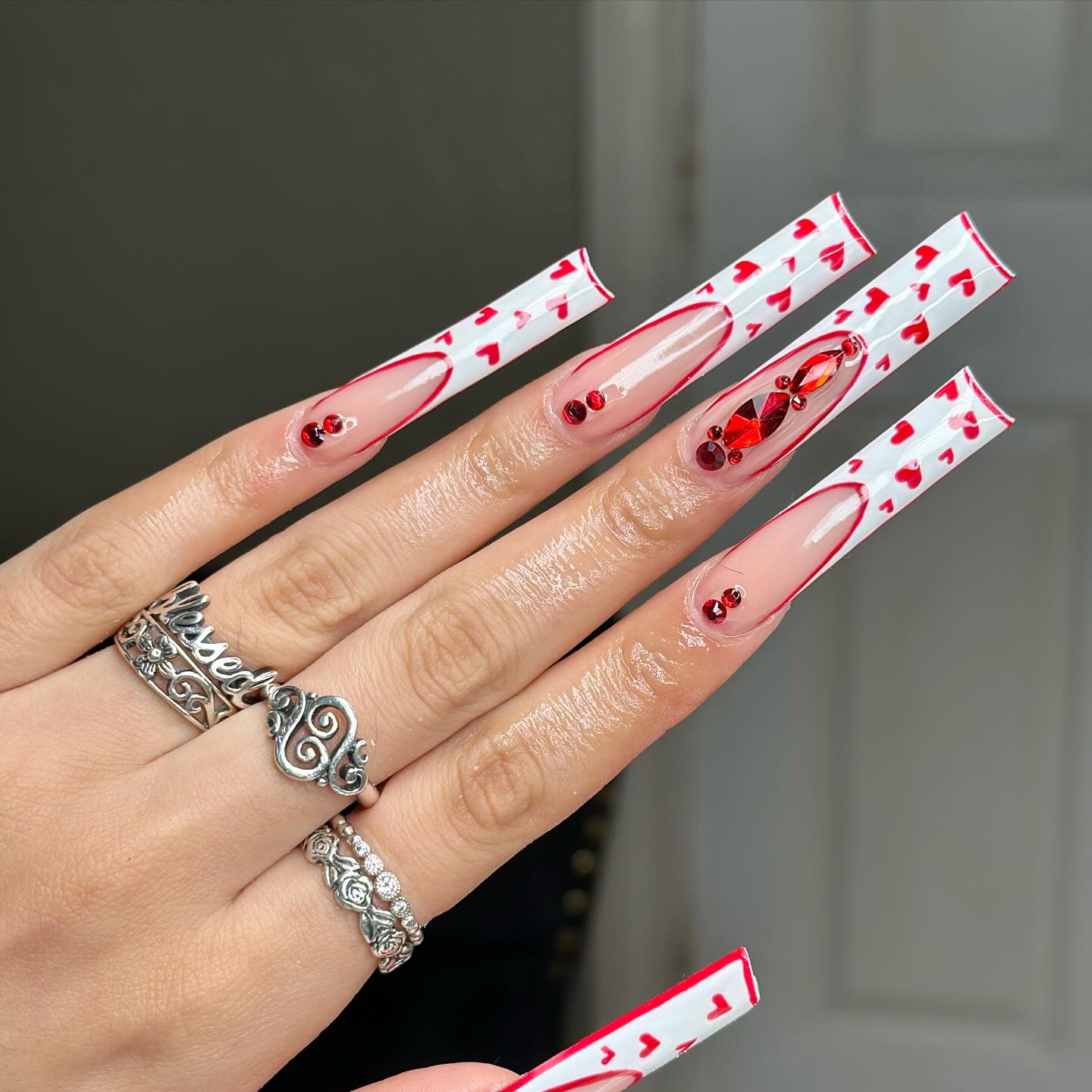 Scarlet Rose Valentine Nails With Heart Shapes