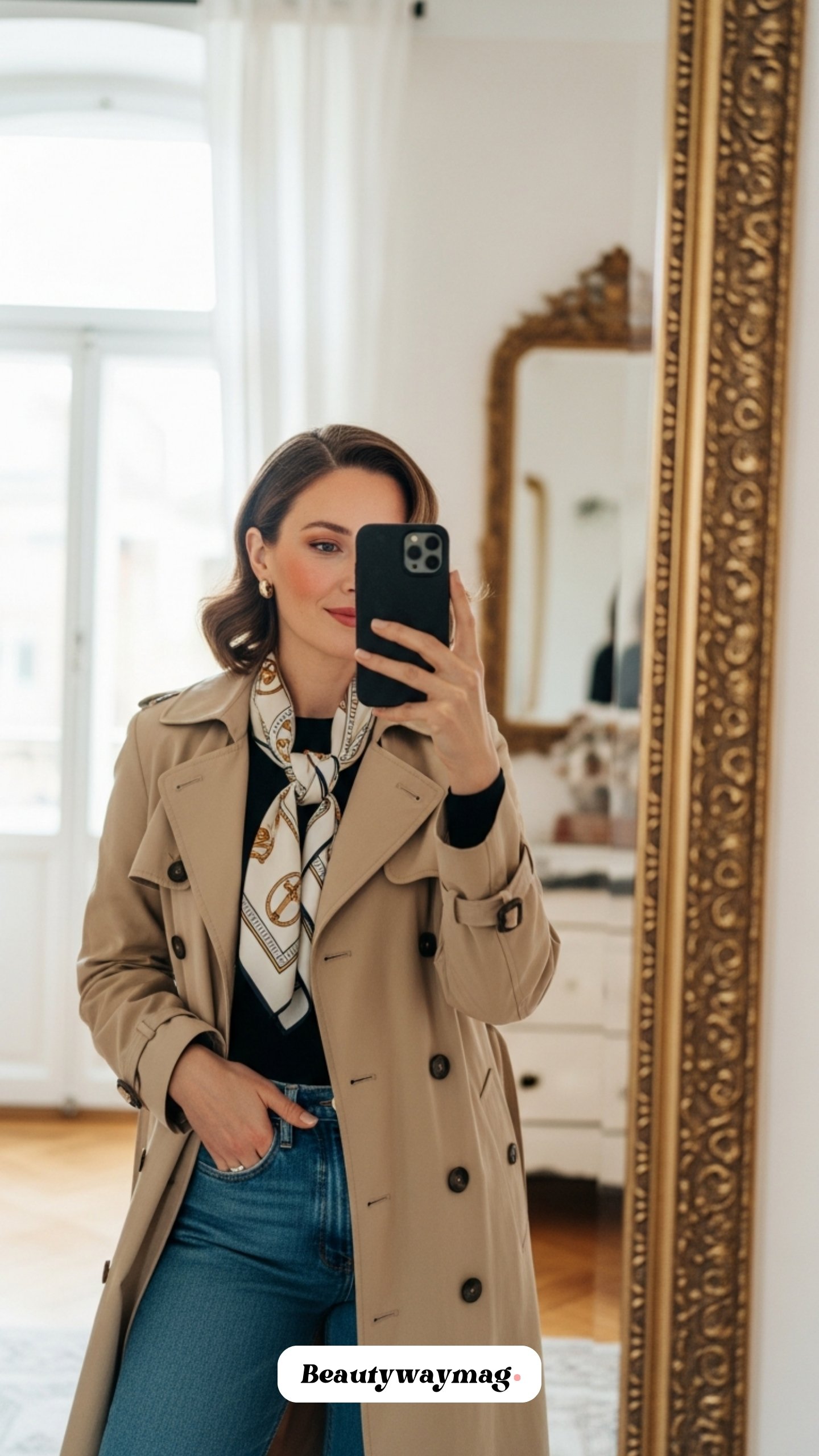 Classic Jeans with Trench Coat and Scarf