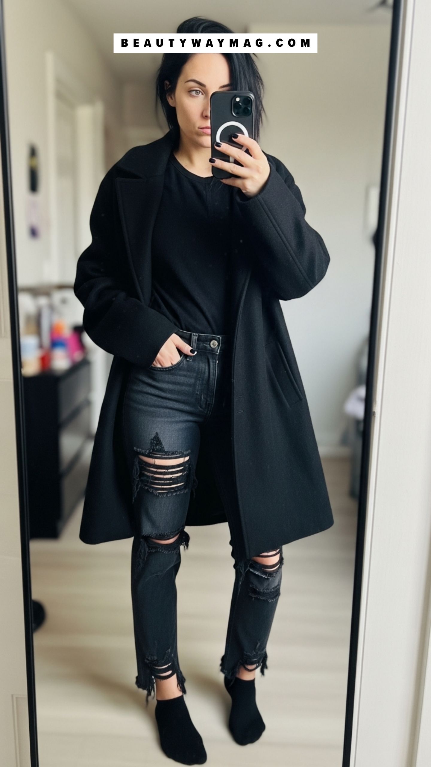 Distressed Black Denim + Thermal Top + Heavy Coat