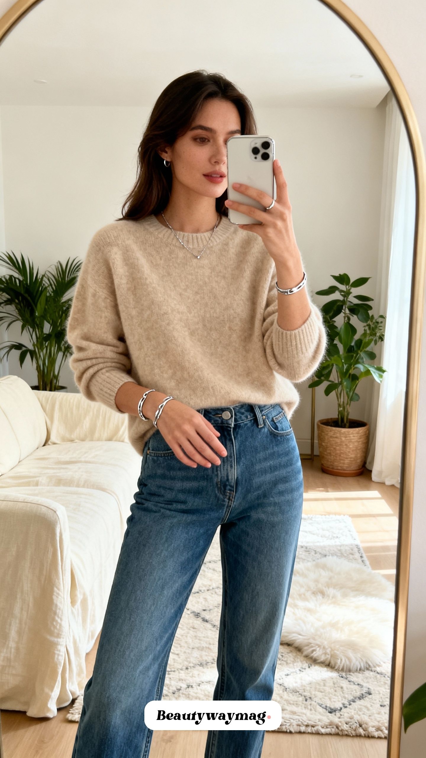 High-Waisted Jeans with Cashmere Sweater