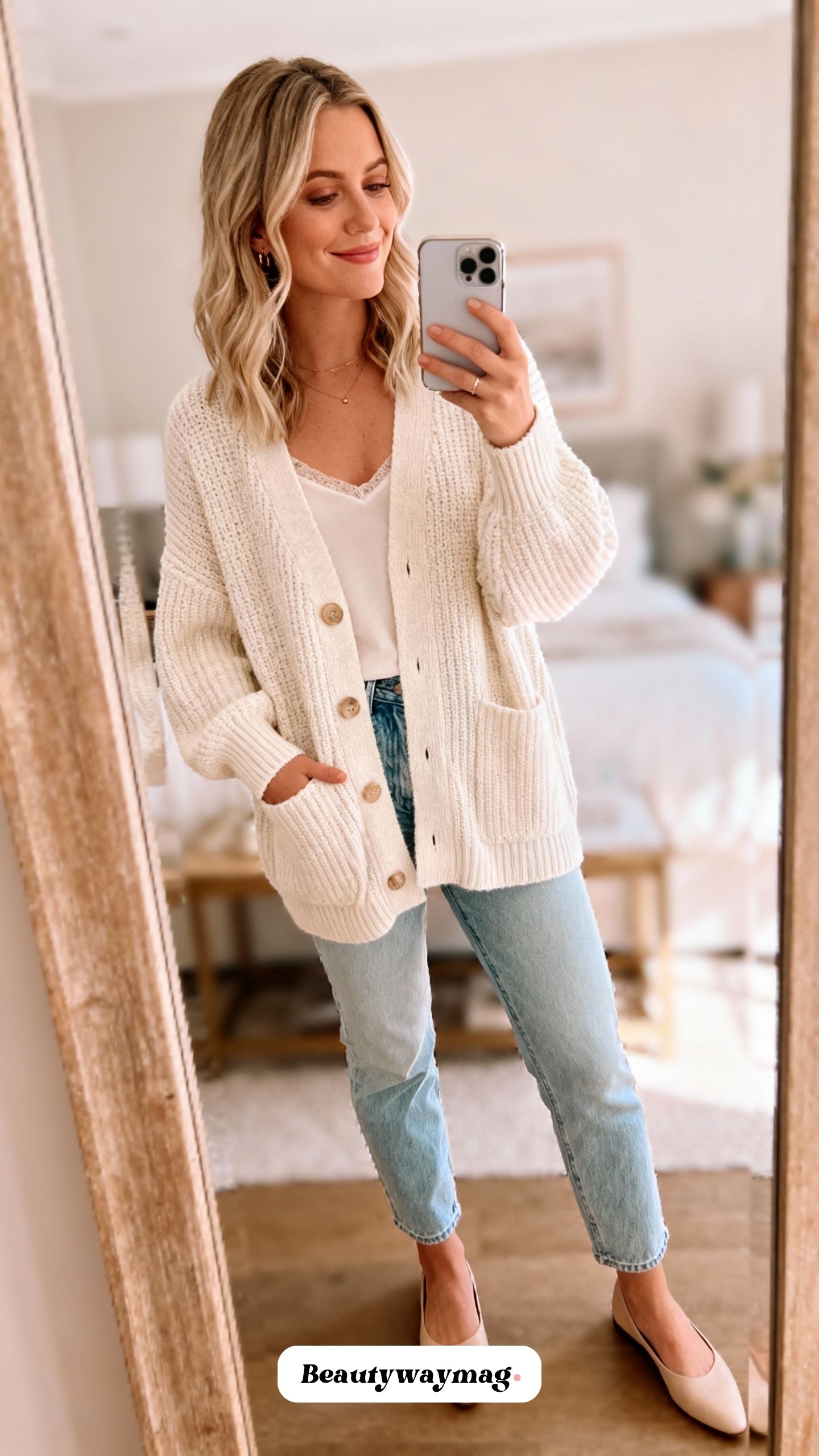 Light Wash Jeans with Cream Knit Cardigan