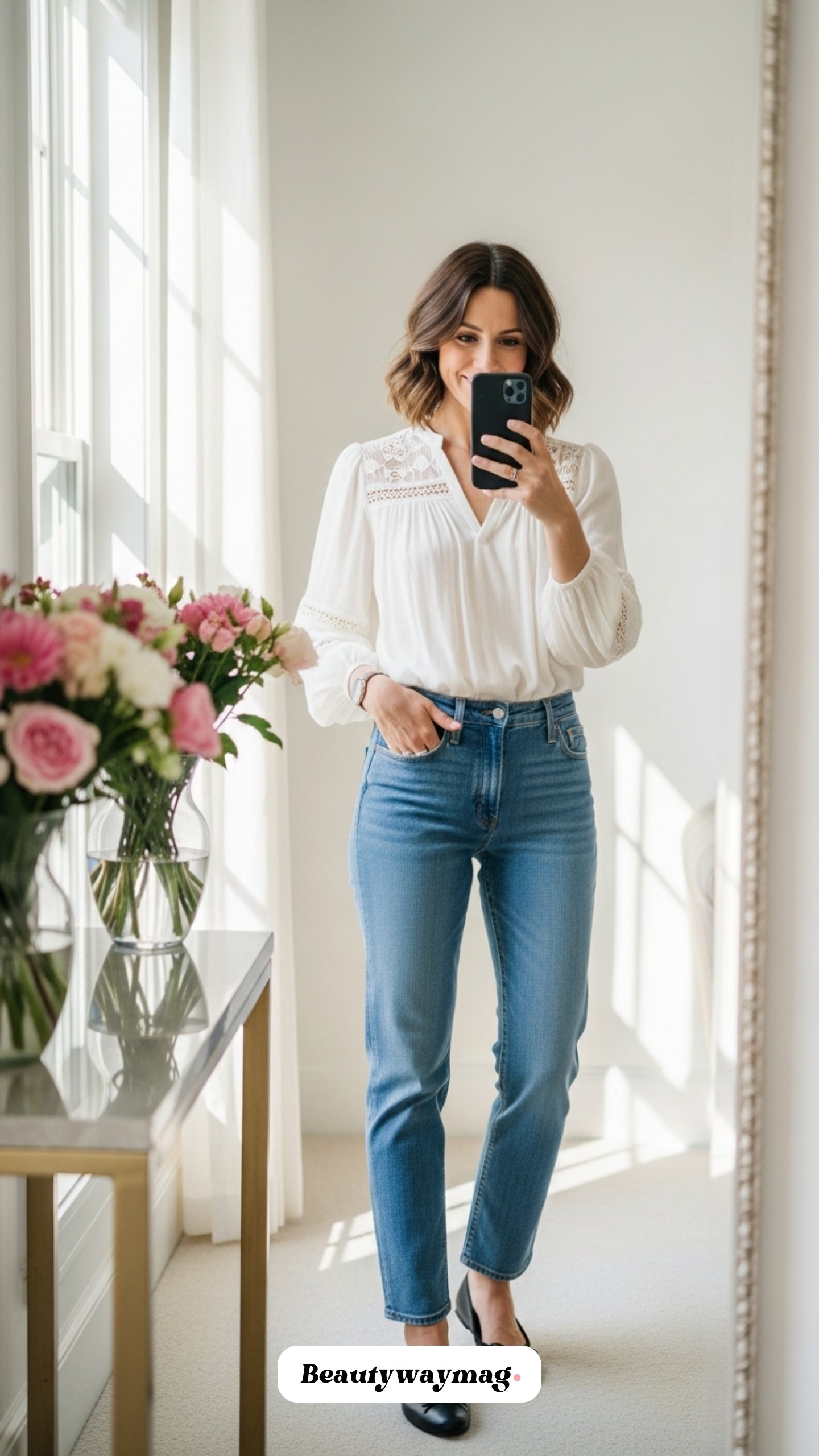 Straight Jeans with Ballet Flats and Blouse