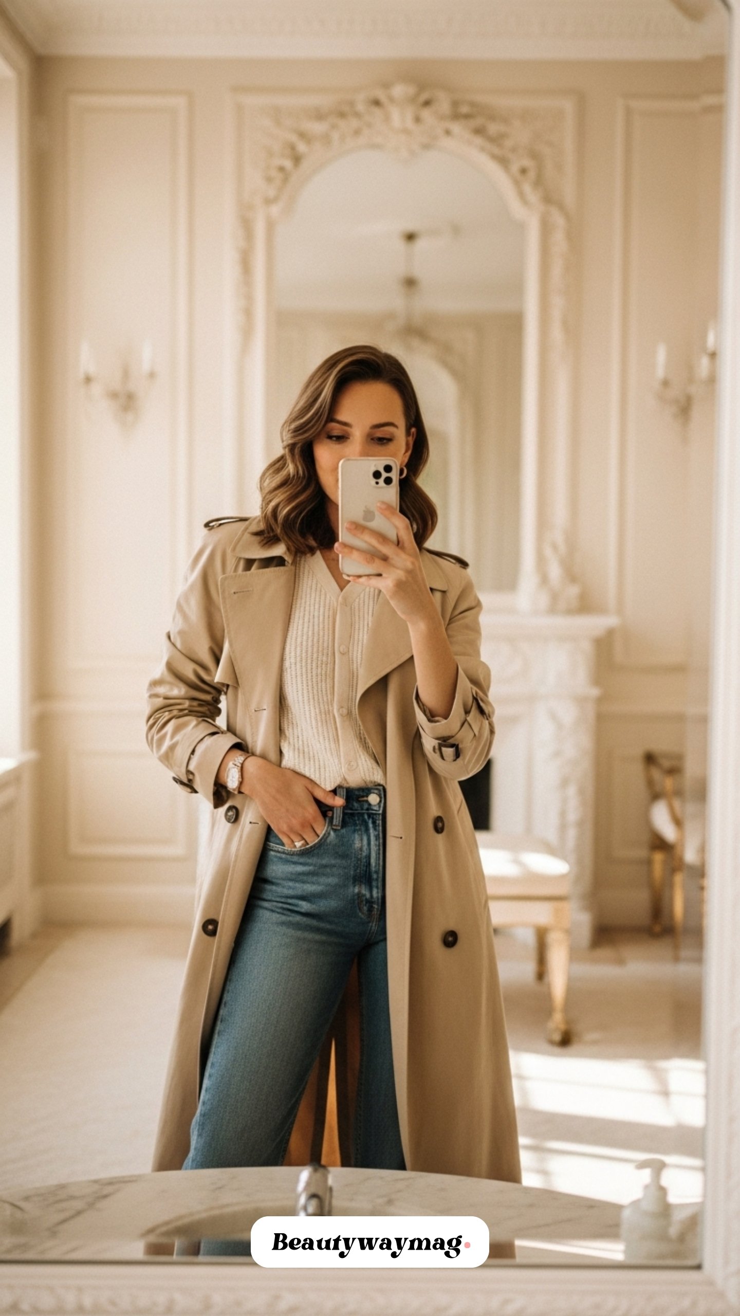 Straight Jeans with Trench Coat and Knit Top