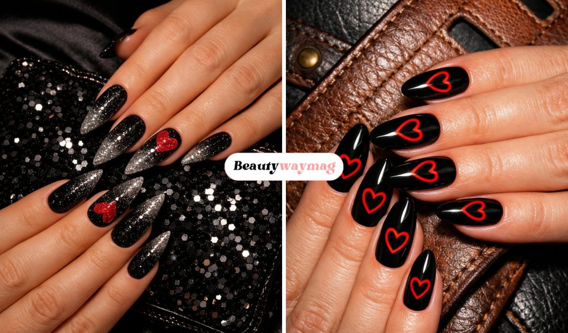 Black Nail Ideas with Heart Designs