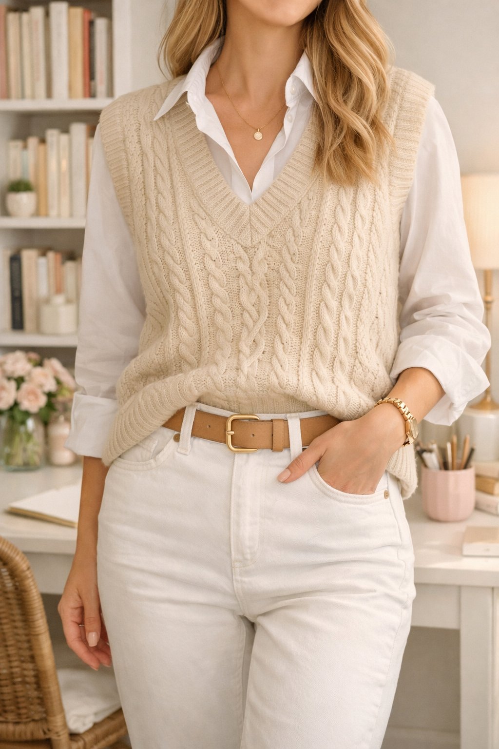 White Jeans With Button Down and Sweater Vest