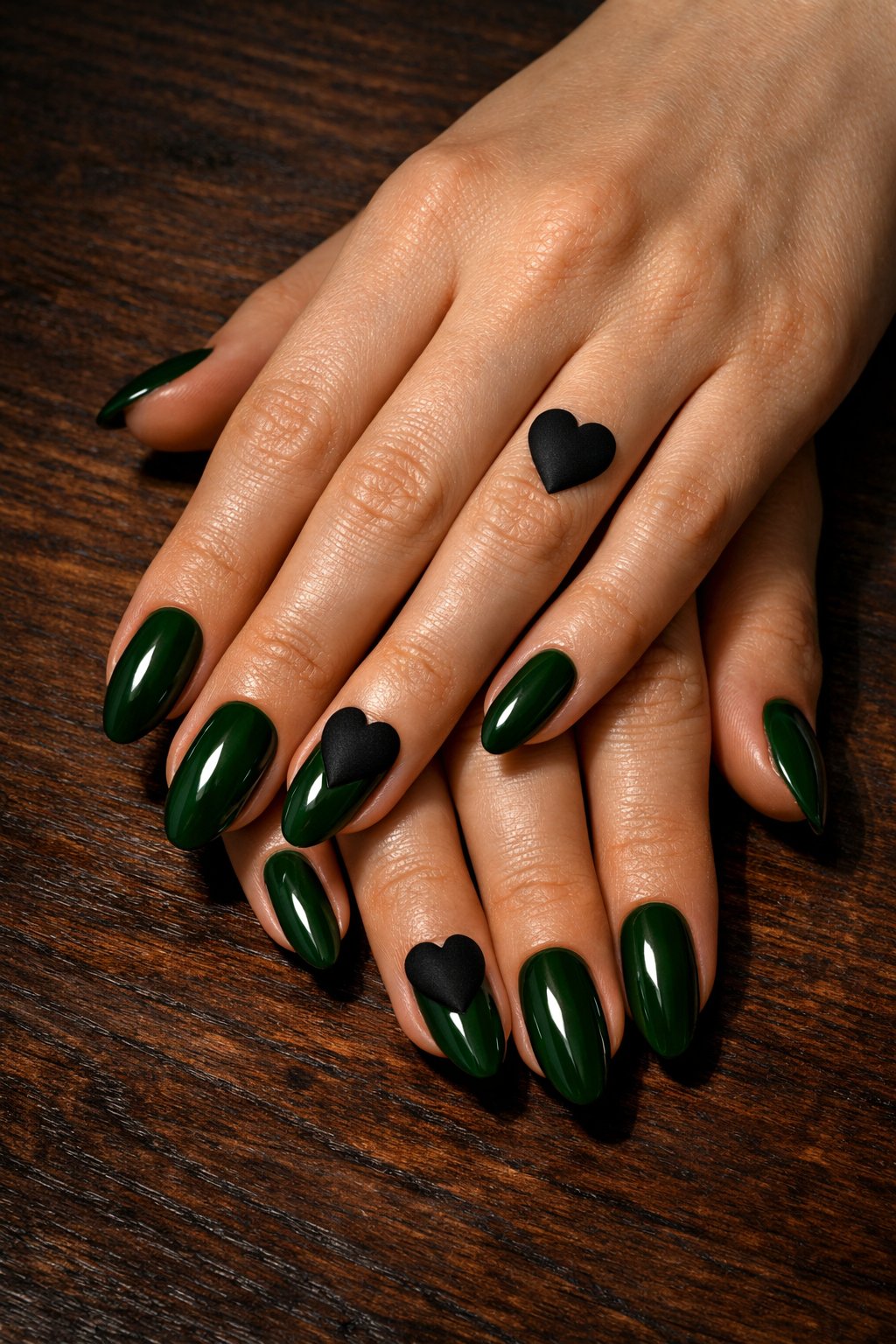 Bird's-eye view of hands with almond-shaped nails placed on a dark wood surface. The nails are a deep, glossy forest green. On the middle finger, a solid, velvety matte black heart is centered. Moody, directional lighting makes the green gleam and the black heart absorb the light. The vibe is luxurious and bold.