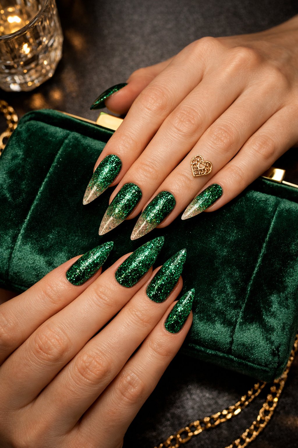 Bird's-eye view of hands with stiletto nails draped over a velvet evening bag. The manicure is a gradient of emerald green glitter, most intense at the nail beds. On the ring finger, a small, intricate gold metal heart charm is affixed near the cuticle. Low light makes the glitter and gold sparkle. The mood is festive and luxe.