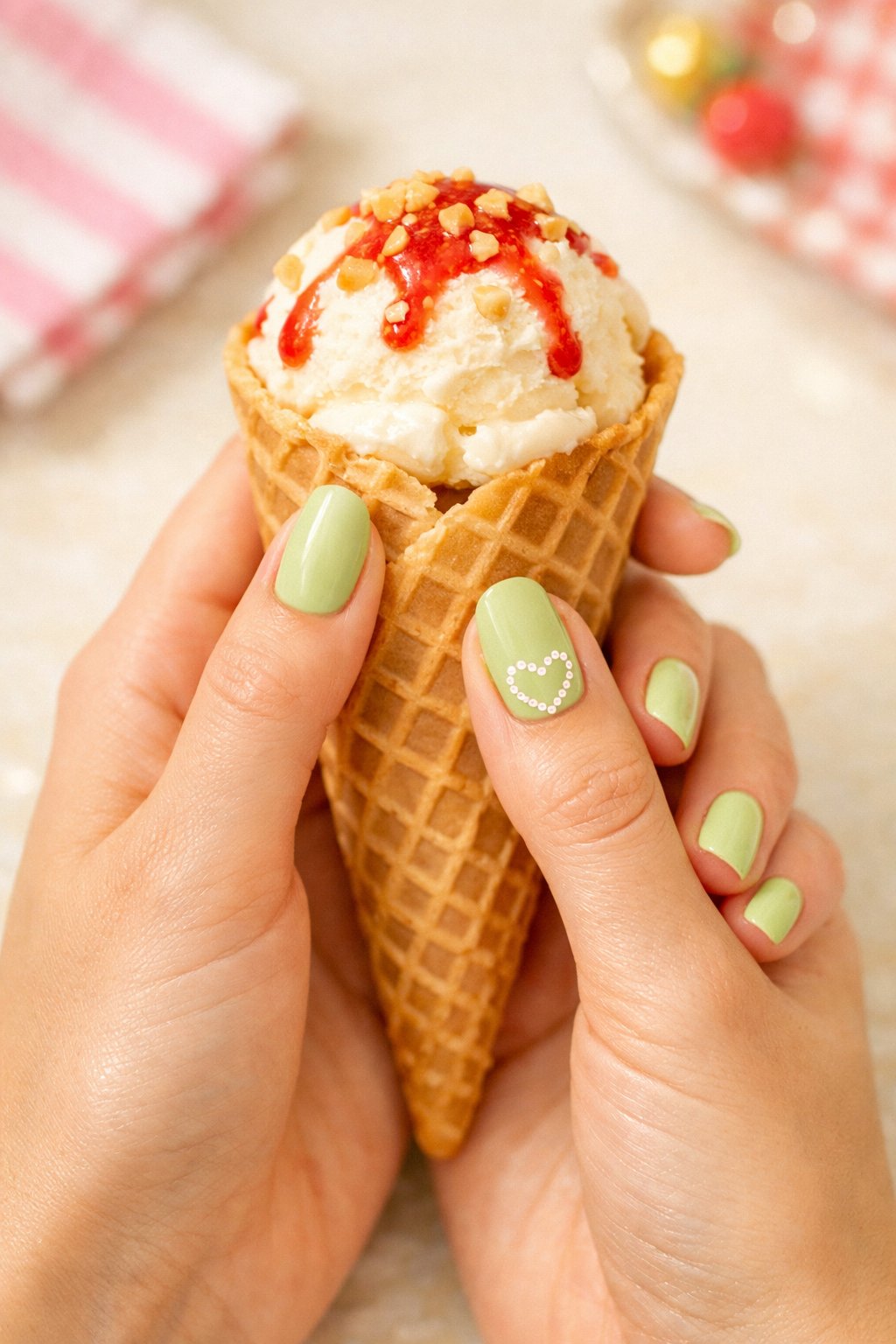Bird's-eye view of hands playfully holding an ice cream cone. The nails are a glossy, light pistachio green. On the ring finger, a heart is outlined with a connected chain of perfect little white dots. Bright, cheerful lighting enhances the sweet, retro feel. The mood is happy and whimsical.