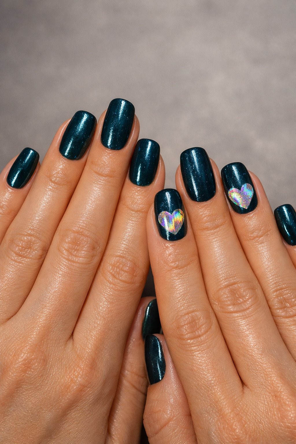 Bird's-eye view of hands under a direct light. Nails are a shimmery dark teal. On each ring finger, a heart-shaped section gleams with holographic chrome powder, casting tiny rainbows. The background is muted to make the holographic effect pop. The mood is mystical and modern.