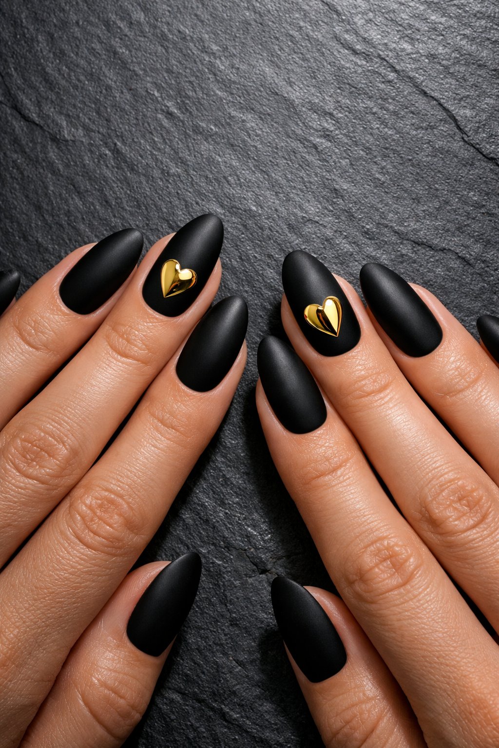 Bird's-eye view of hands with almond-shaped nails placed on a dark grey slate surface. All nails are a stark matte black. On the middle finger, a simple, highly reflective gold chrome heart is centered. Cool, directional lighting emphasizes the dramatic shine against the matte background. The vibe is modern and opulent.