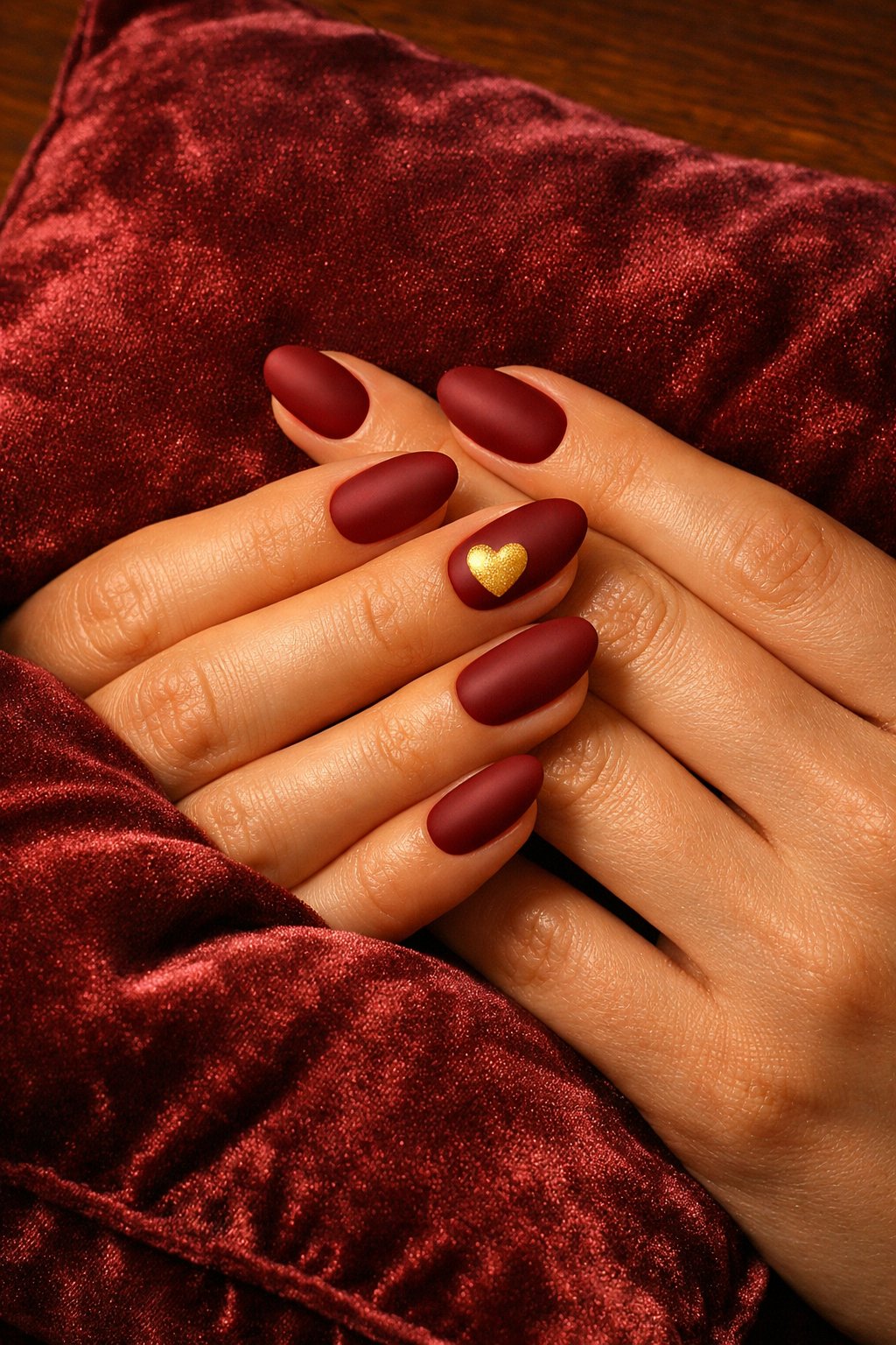 Bird's-eye view of hands resting on a burgundy velvet pillow. The nails are oval, coated in a plush matte wine red. On the ring finger, a solid, bright metallic gold heart is centered. Warm, low lighting makes the gold gleam against the dark base. The mood is cozy, luxurious, and sophisticated.