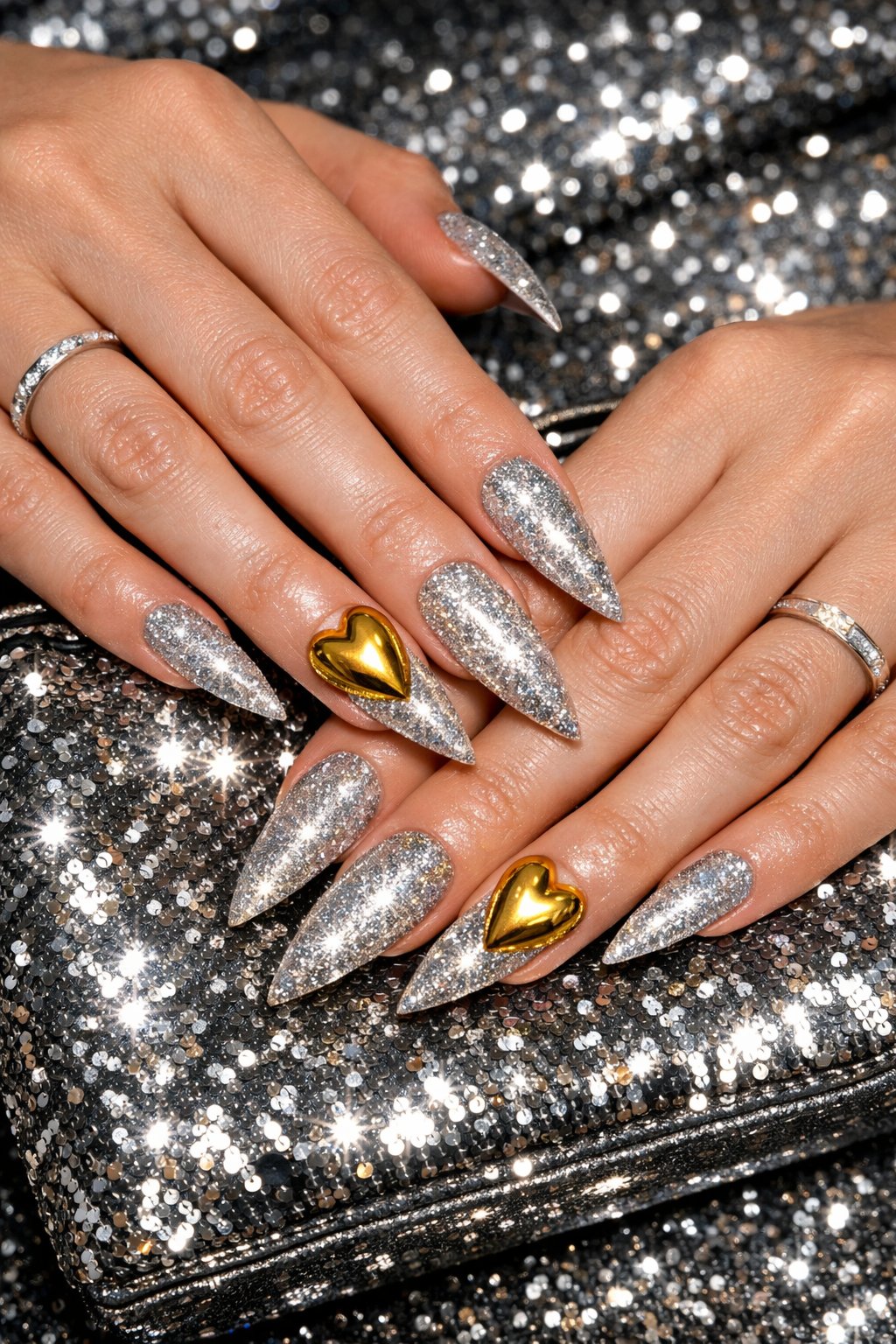 Bird's-eye view of hands with stiletto nails over a sequined clutch. The nail base is a gradient of fine silver glitter. On the ring finger, a solid, mirror-finish gold chrome heart is placed dramatically in the center. Camera flash makes both the glitter and chrome sparkle. The mood is festive and bold
