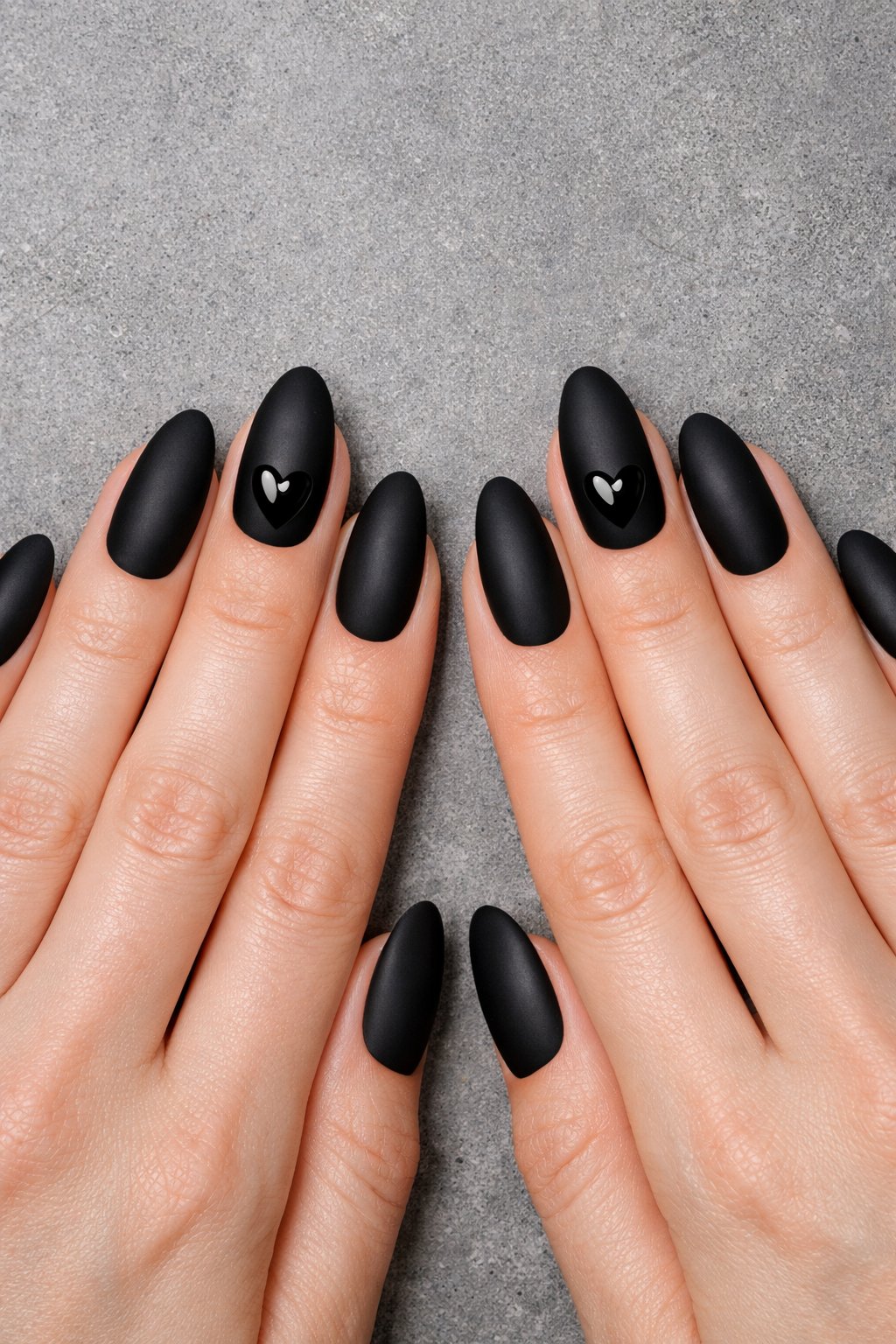 Bird's-eye view of hands with almond-shaped nails placed on a grey concrete surface. All nails are a stark matte black. On the middle finger, a simple heart shape is rendered in pure, high-gloss clear coat, making it reflect the light. Cool, even studio lighting emphasizes the dramatic texture contrast. The vibe is urban and fashion-forward

