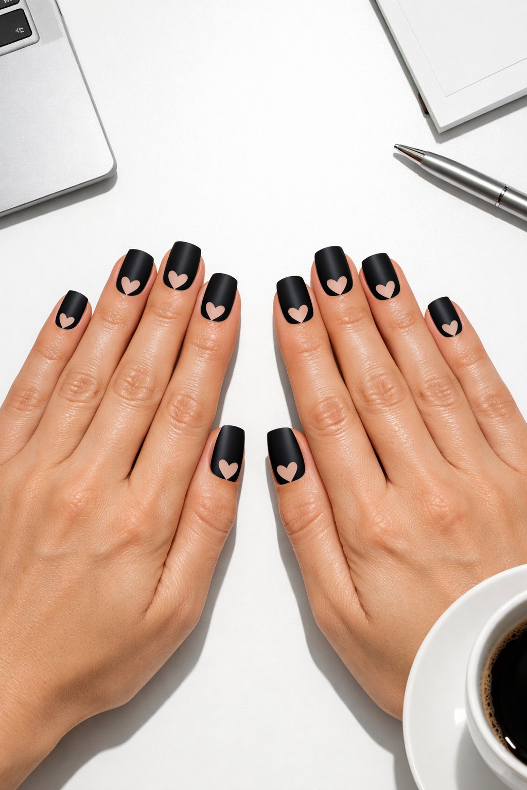 Bird's-eye view of hands with short, squared-off nails on a minimalist white desk. The nails are an opaque, matte black. Each has a crisp, heart-shaped negative space cut-out near the free edge, showing the natural nail. Bright, direct lighting creates a strong visual contrast. The feel is architectural and clean.