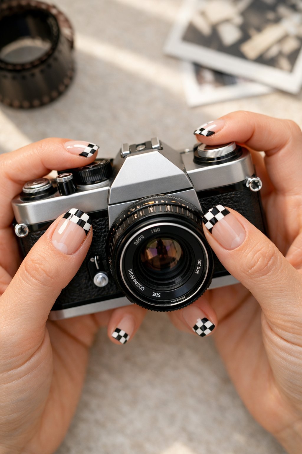 Bird's-eye view of hands with short, rounded nails playfully holding a black and white film camera. The nails have a clear base with black and white checkerboard French tips. On the thumb, one central white square is filled in with a solid black heart. Daylight makes the pattern crisp and cheerful. The vibe is nostalgic and cute