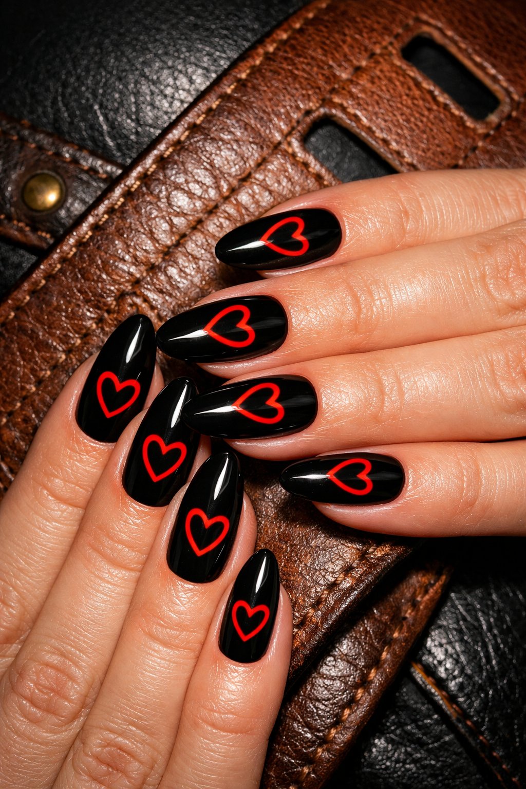 Bird's-eye view of hands with medium almond nails resting on a leather guitar strap. The nails are a shiny, deep black. On each nail, a heart is outlined in a single stroke of vibrant, glossy red polish. Direct stage-style lighting makes the red seem to glow against the black. The vibe is rocker-chic and confident