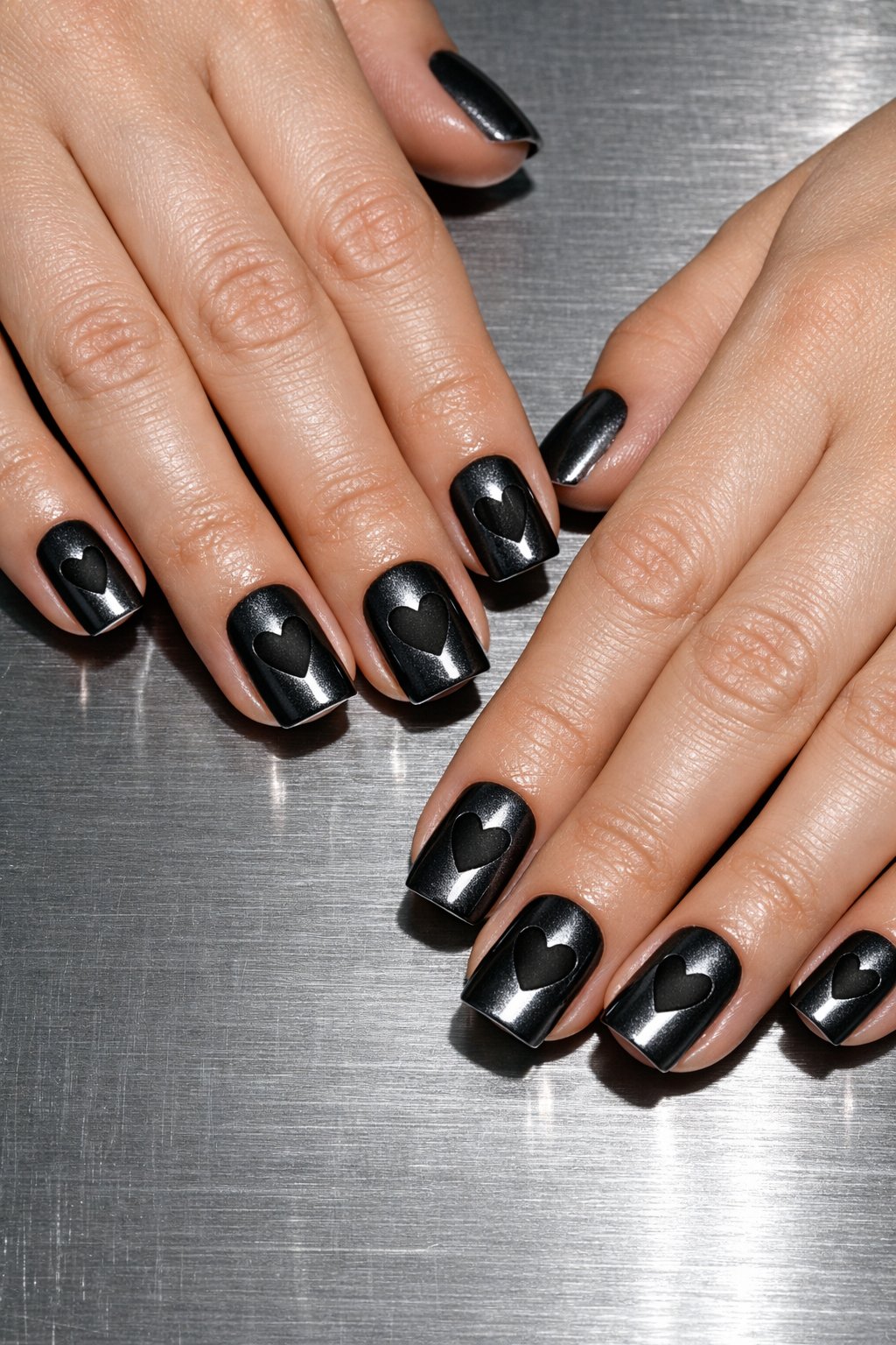 Bird's-eye view of hands with short, square nails on a brushed aluminum surface. The nails are a shiny, metallic charcoal black. On each nail, a heart has been precisely etched, revealing a matte black underlayer. Harsh, direct light shows off the stark textural difference. The vibe is industrial and futuristic.