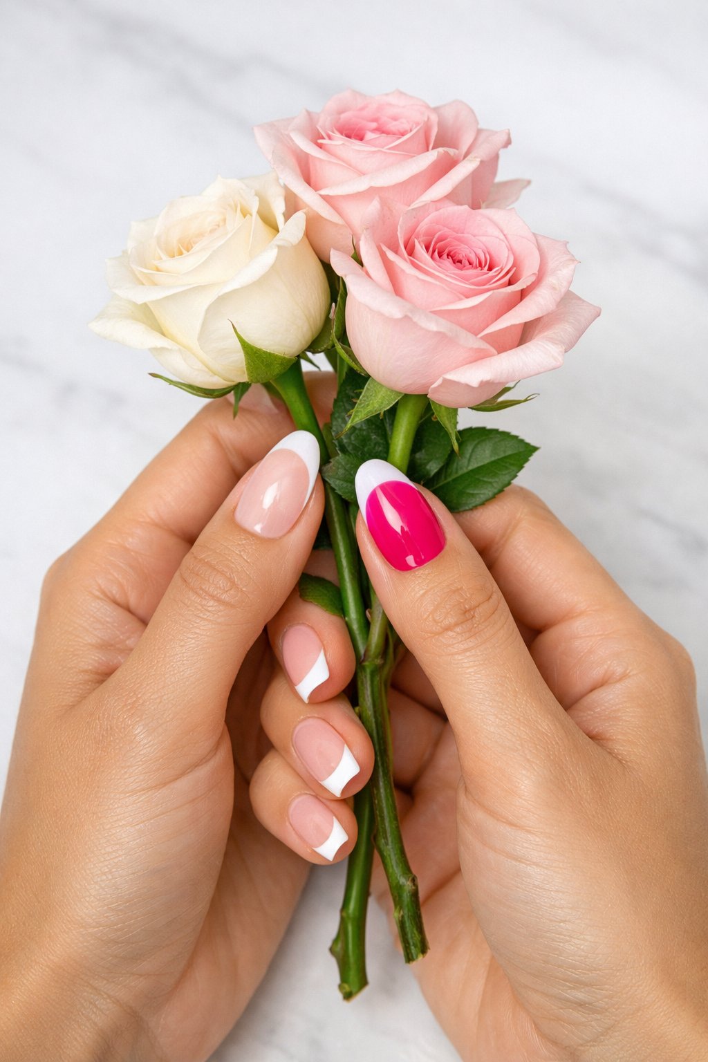 Bird's-eye view of hands gently holding a stem of roses. The nails are medium almond with a sheer pink base and crisp white French tips. On the ring finger, a glossy hot pink heart forms the entire tip of the nail. Bright, clear lighting shows the flawless lines. The aesthetic is traditional and chic.
