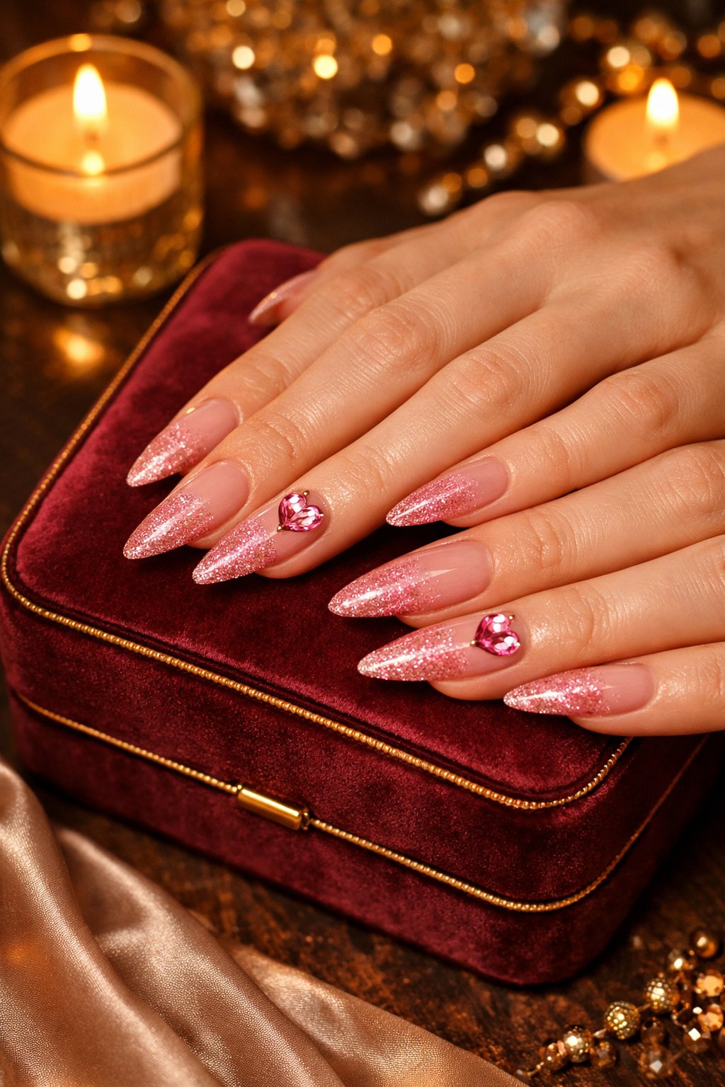 Bird's-eye view of hands with long, stiletto nails draped over a velvet jewelry box. The manicure has sheer bases with ombré tips of fine pink glitter. On the ring finger, a small, faceted pink crystal heart gem sits at the base of the glitter fade. Candlelight makes the glitter and gem sparkle. The mood is festive and romantic.