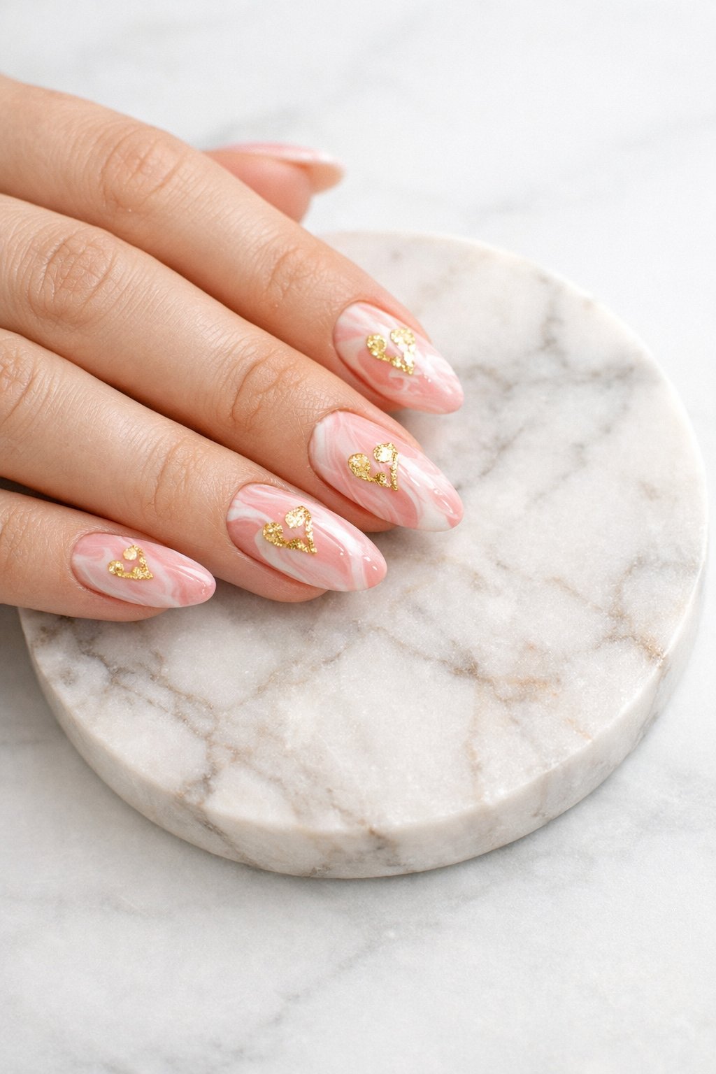 Bird's-eye view of hands resting on a marble coaster. The nails are a medium almond shape with a swirling pink and white marbleized pattern. Small, delicate pieces of gold foil are embedded in the design to form abstract hearts. Natural light highlights the veins of color and the gold. The look is artistic and opulent