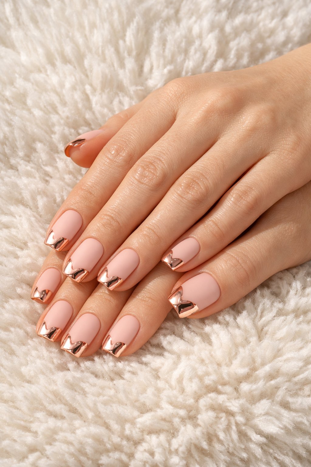 Bird's-eye view of hands gently placed on a fluffy white rug. The nails are a soft square shape in matte light pink. The free edge of each nail is expertly shaped and polished into a high-shine rose gold chrome heart. Sunlight glints off the metallic tips. The look is modern and feminine.