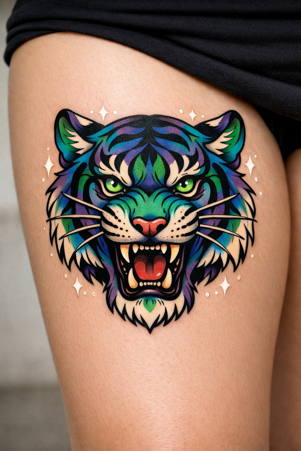 Centered front thigh: a neo-traditional tiger head with jewel-toned fur, fierce eyes, and decorative sparkle dots. Strong black outlines and saturated colors