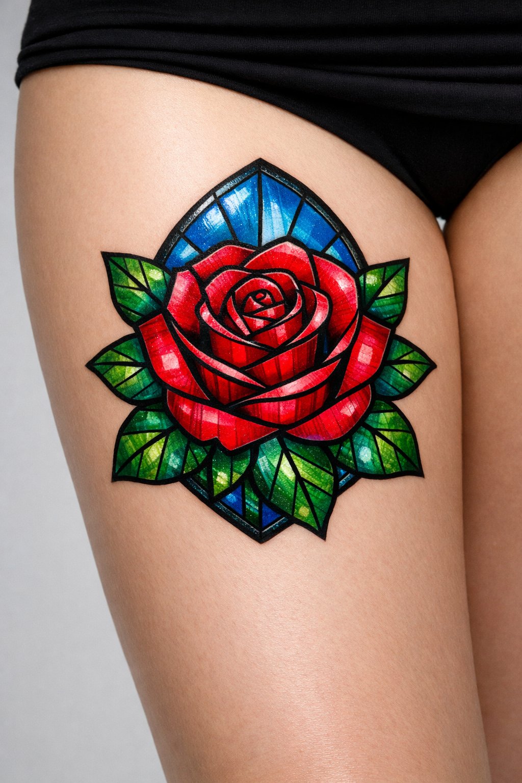 Centered front thigh piece: a stained-glass style butterfly or rose, with thick black leading and panels of sapphire, ruby, and emerald color. Highlights suggest refracted light.
