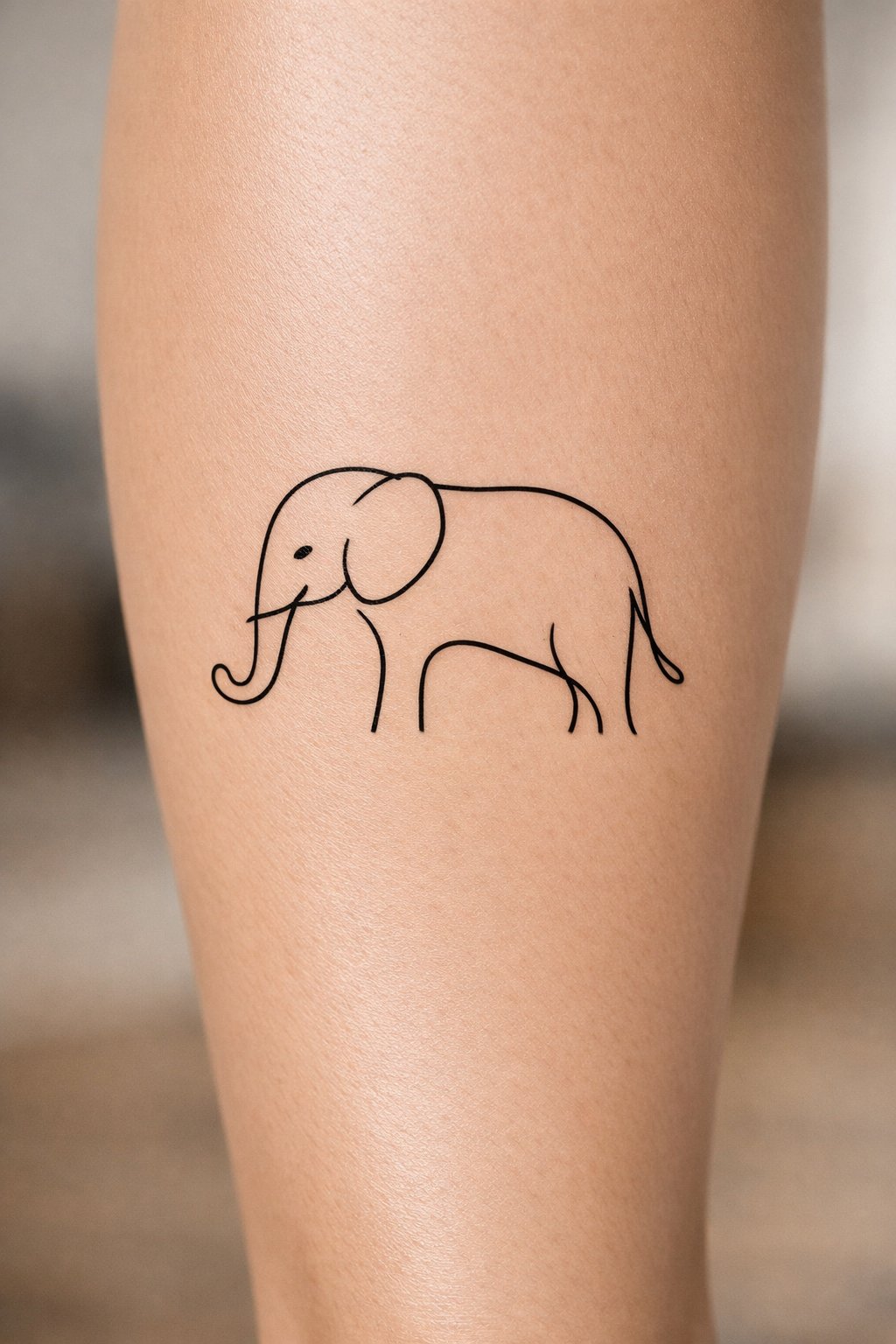 Close-up of a continuous line elephant tattoo on the calf, the single unbroken line forming the trunk, back, and tail. Simple, artistic, and clean