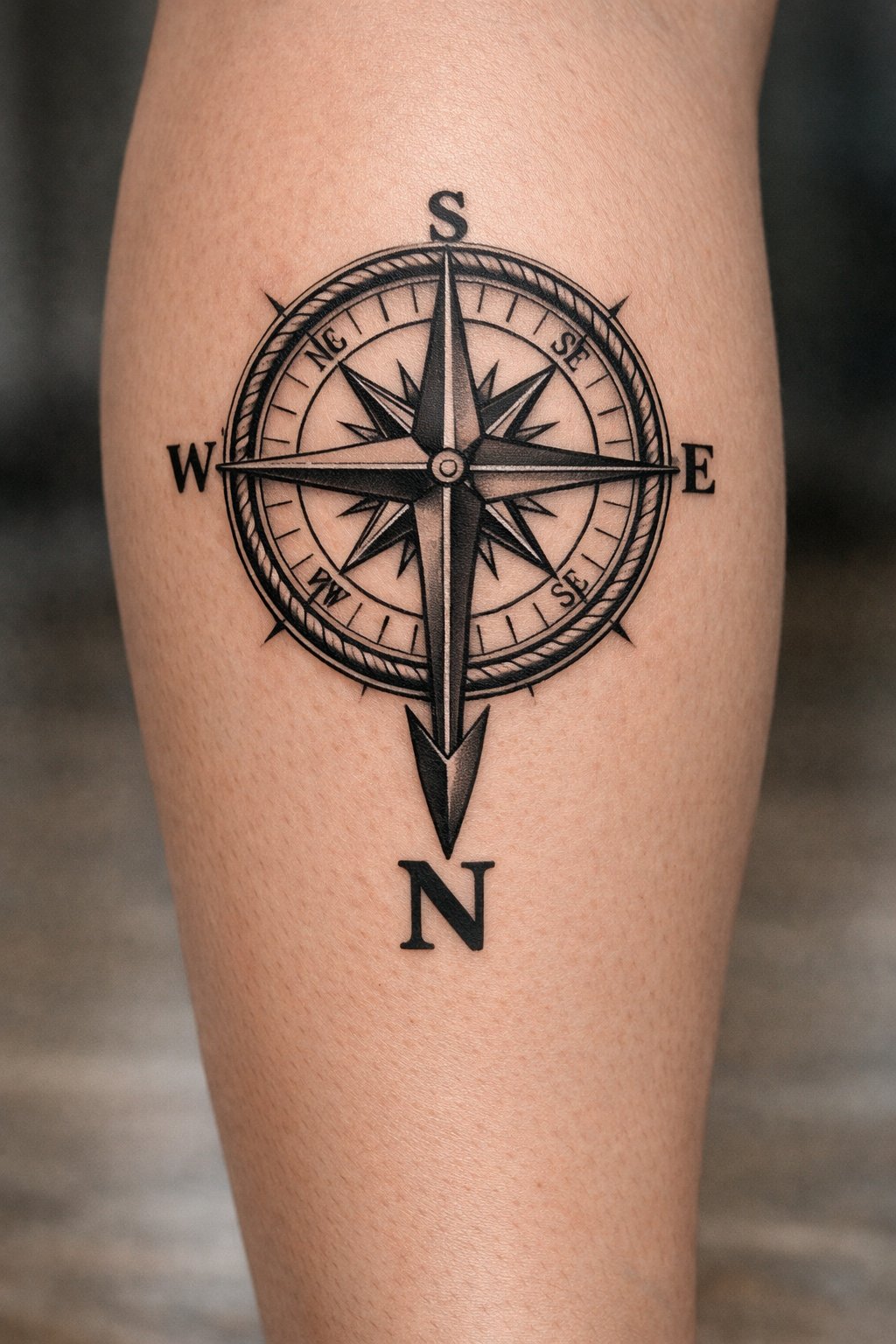 Close-up of a detailed compass tattoo on the mid-calf, with the 'N' arrow pointing downward along the leg. Crisp lettering and clean directional lines