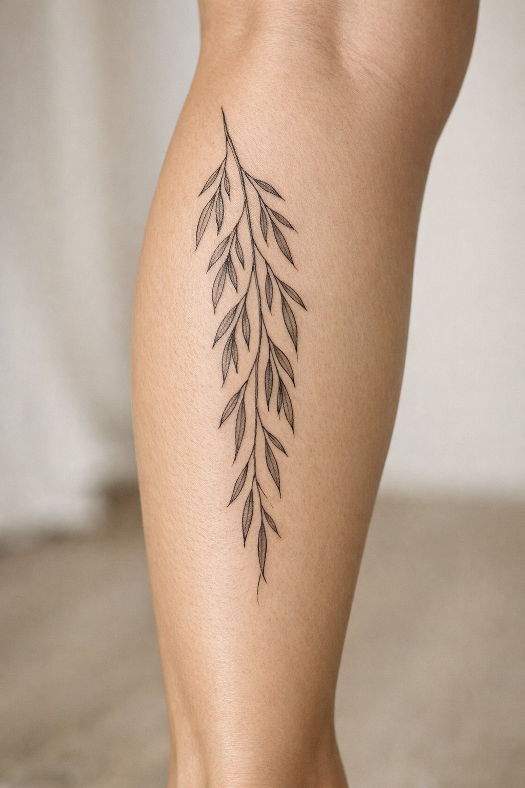 Close-up of a fine-line willow branch tattoo on the back of a calf, with individual leaves trailing downward. The leg is extended, muscle relaxed, with the design following the natural contour. Soft, natural light
