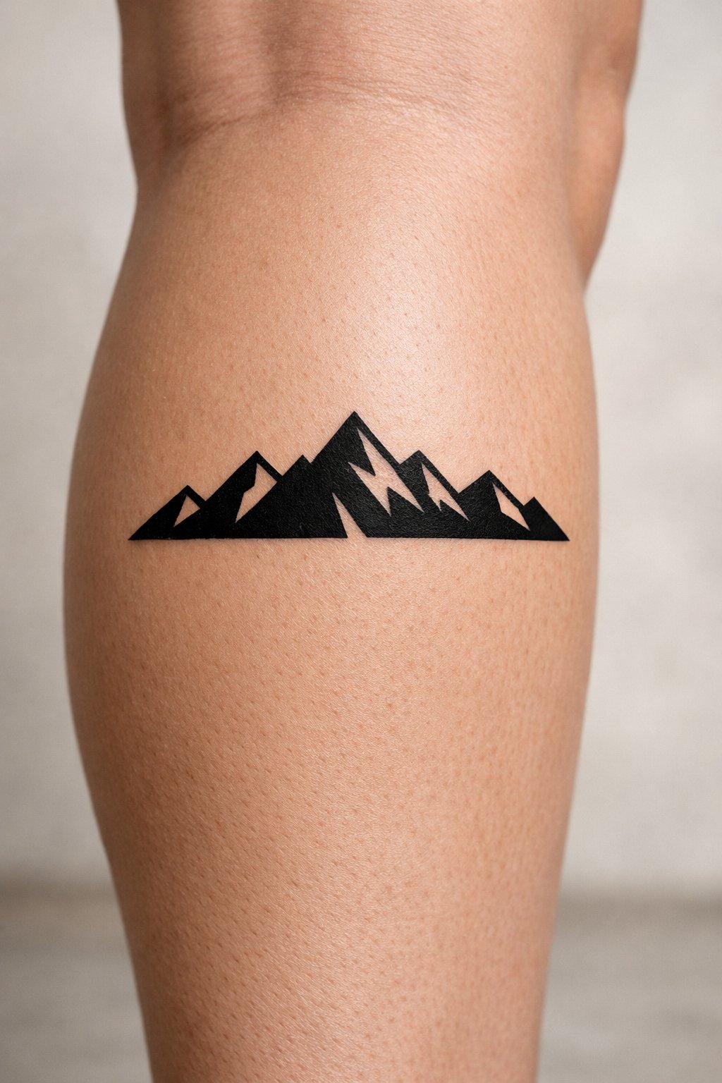 Close-up of a geometric mountain range tattoo on the back of the calf, showing crisp, solid black triangular peaks. The leg is viewed from the side, highlighting the design's clean silhouette. make it very natural