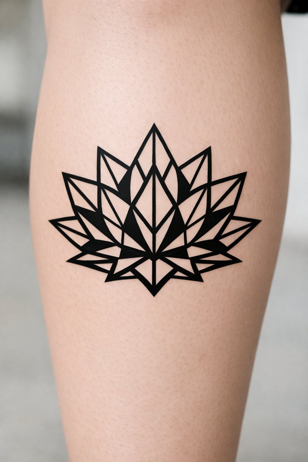 Close-up of a geometric lotus tattoo on the calf, built from interlocking triangles and straight lines. Sharp, blackwork style with no shading