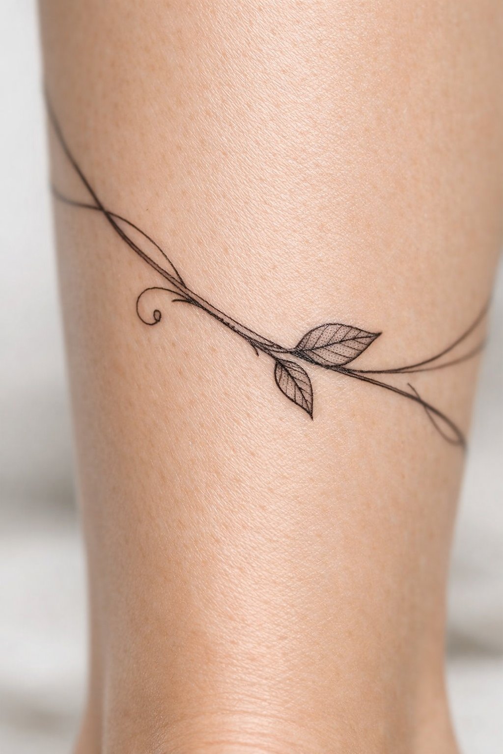 Close-up of a vine tattoo wrapping around the calf, showing the connection point where the stem meets a small leaf. Fine, single-needle linework on bare skin."