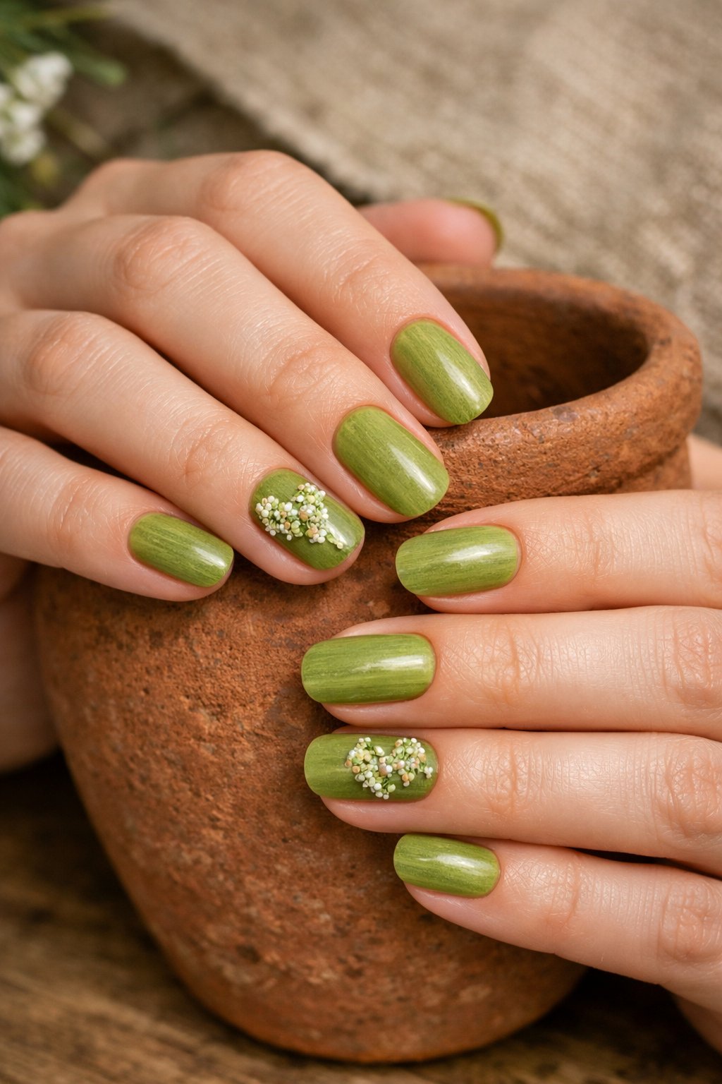 Close-up, top-down view of hands resting on a terracotta pot. The nails are a streaky matte avocado green. On the ring finger, tiny pressed baby’s breath flowers or green floral foil are arranged in a heart and sealed under a glossy top coat. Natural light highlights the organic texture. The look is botanical and delicate.
