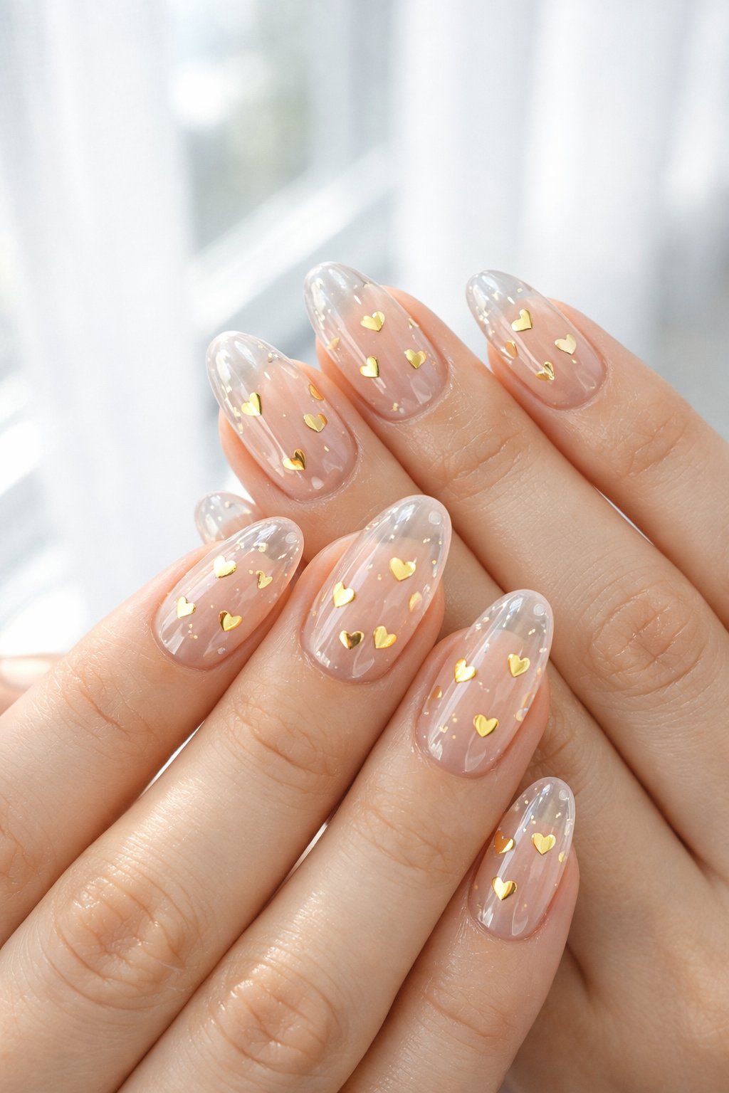 Close-up, top-down view of hands against a bright window. The nails are a medium almond shape with a crystal-clear jelly coating. Embedded within the clear gel on each nail are several tiny, flat gold hearts, suspended at various levels. Backlighting gives the nails a watery, glossy appearance. The mood is clean and futuristic