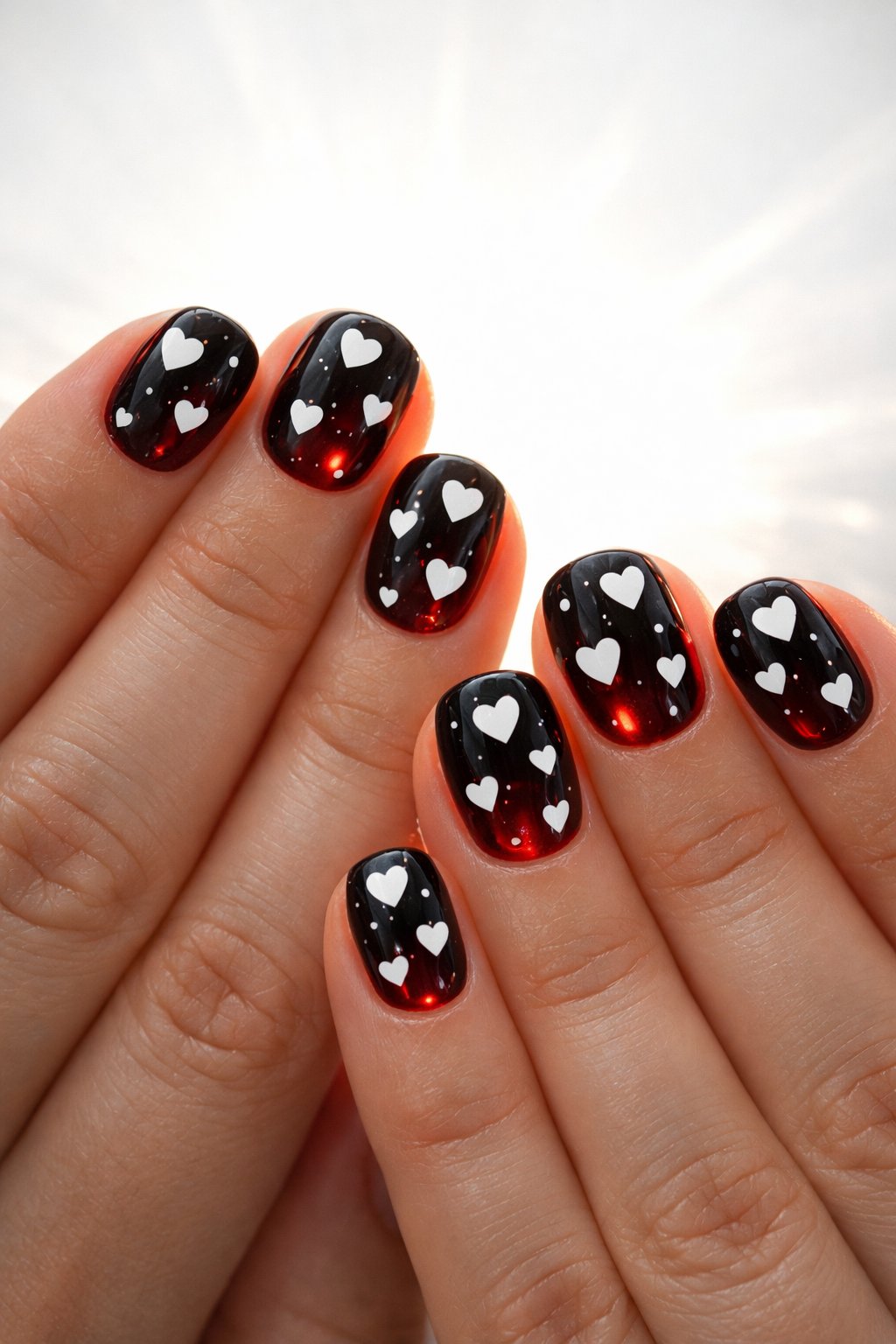 Close-up, top-down view of hands against a bright light source. The nails are short and rounded, built up with translucent, glossy black jelly polish. Inside the polish, multiple small, solid white hearts are visible at different depths. Backlighting gives the nails a glowing, red-toned translucency. The mood is playful and intriguing.