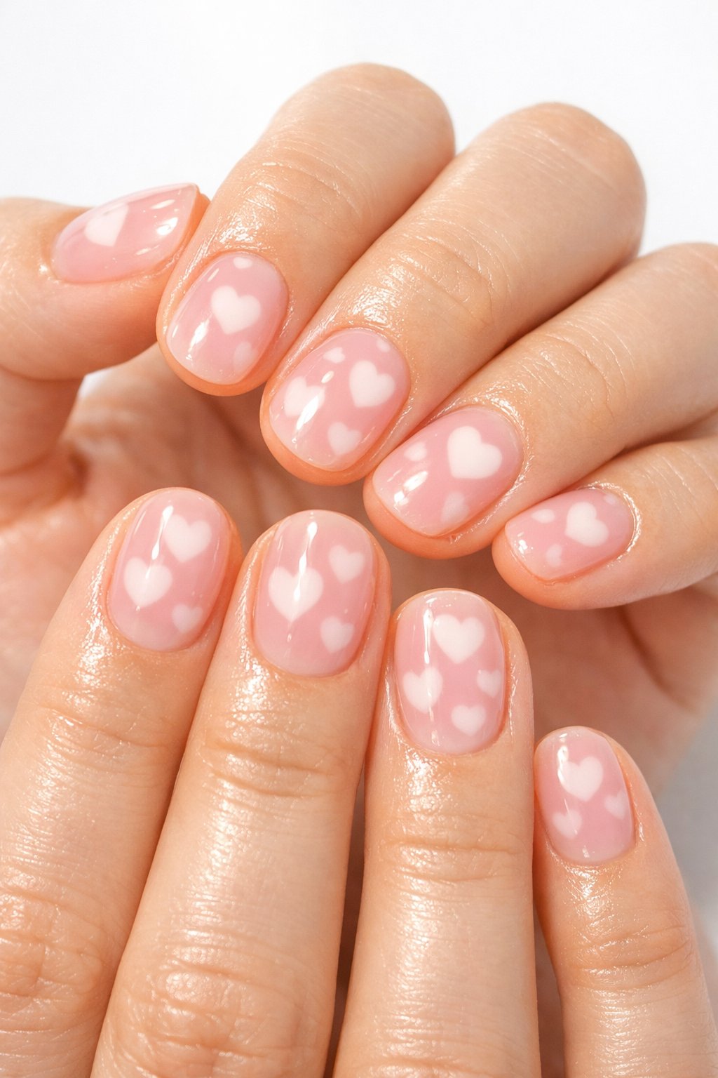 Close-up, top-down view of hands against a bright background. The nails are short and rounded with a translucent, milky pink jelly finish. Opaque white hearts appear softened and blurred, as if suspended inside the pink polish. Backlighting gives the nails a juicy, glowing look. The mood is sweet and playful.