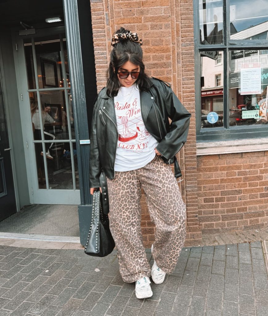 Animal Print Pants with Leather Jacket