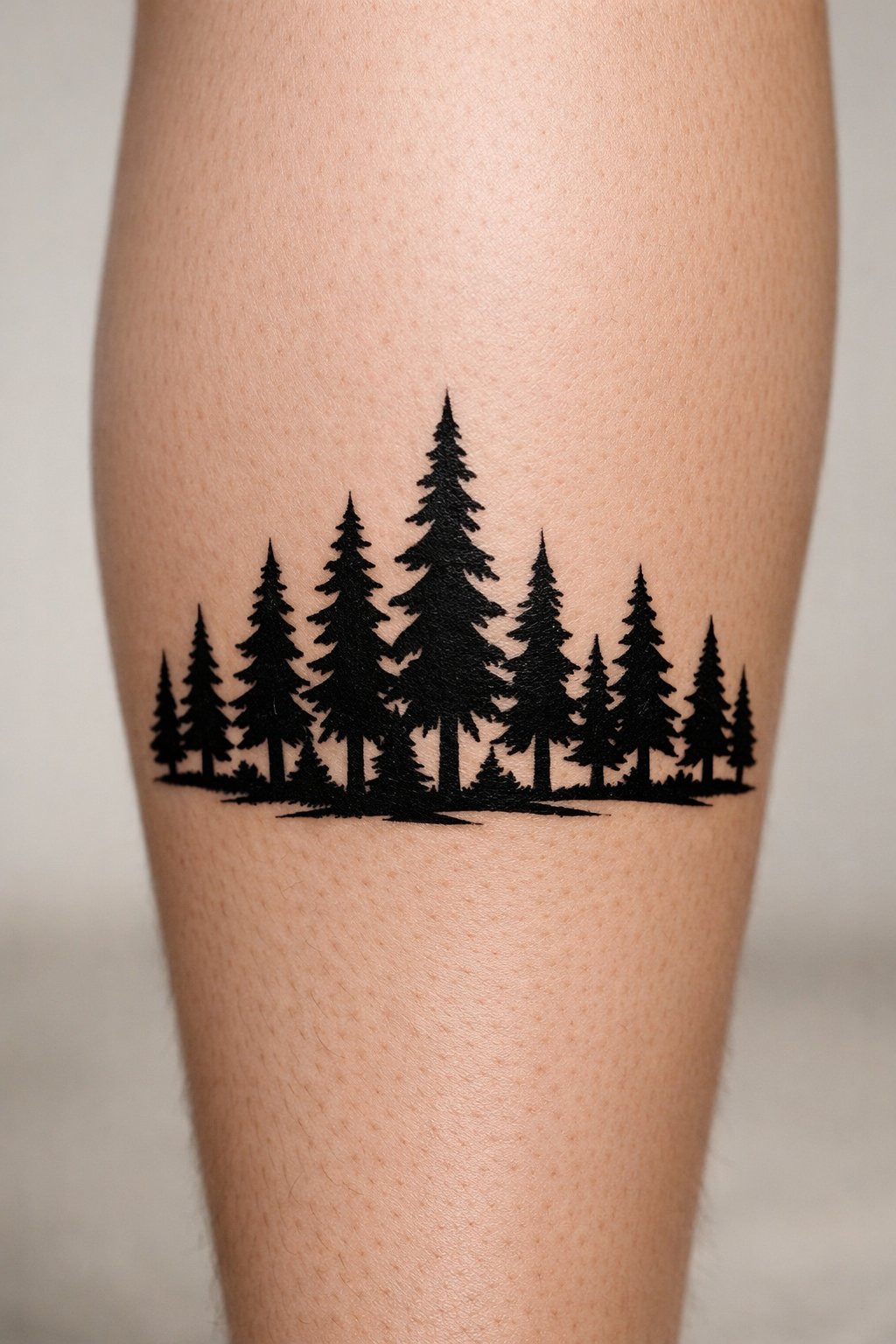 Macro detail of pine tree silhouette tattoos on the calf, showing the sharp, pointed tops and straight trunks in solid black. A minimalist, wooded landscape