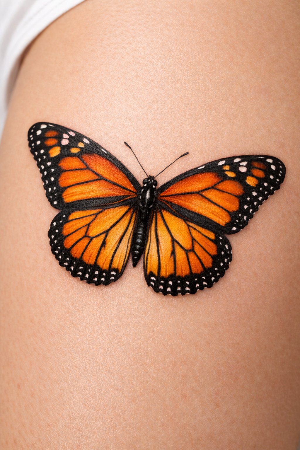 Macro photograph style on the thigh: a hyper-realistic Monarch butterfly, wings spread, with every scale and vein detailed. Vibrant orange and black against the skin. make it look naturally drawn tattoo on the skin
