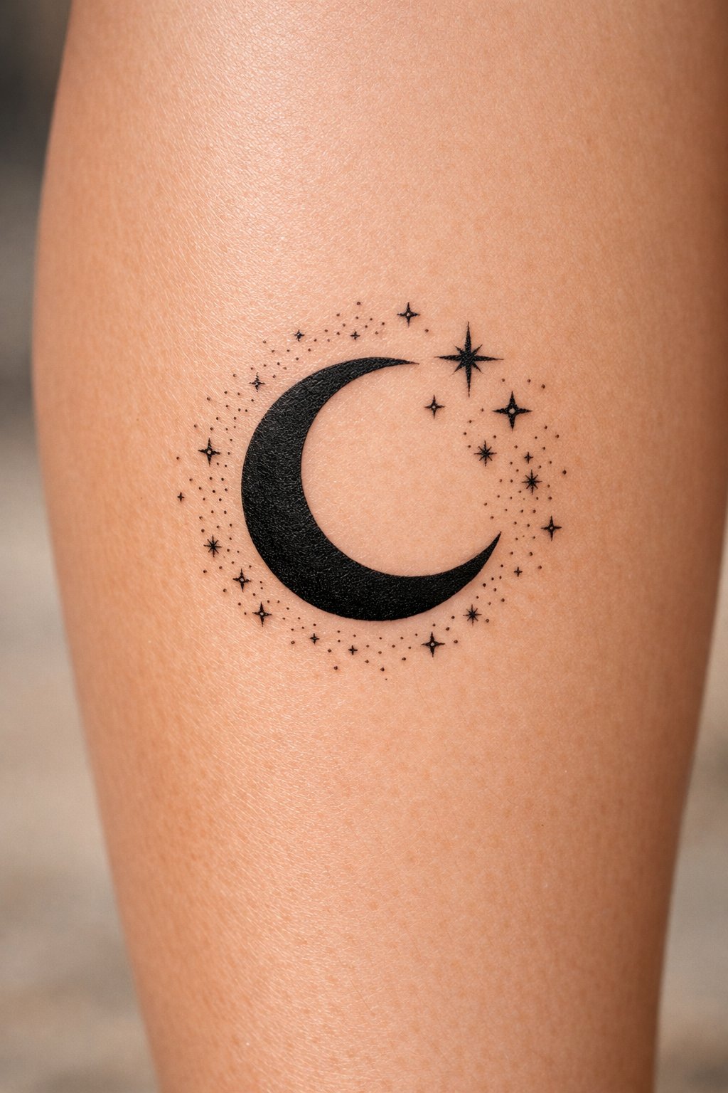 Macro shot of a crescent moon and star cluster tattoo on the upper calf. Focus on the clean lines of the moon and the precise dot-work stars against smooth, sun-kissed skin