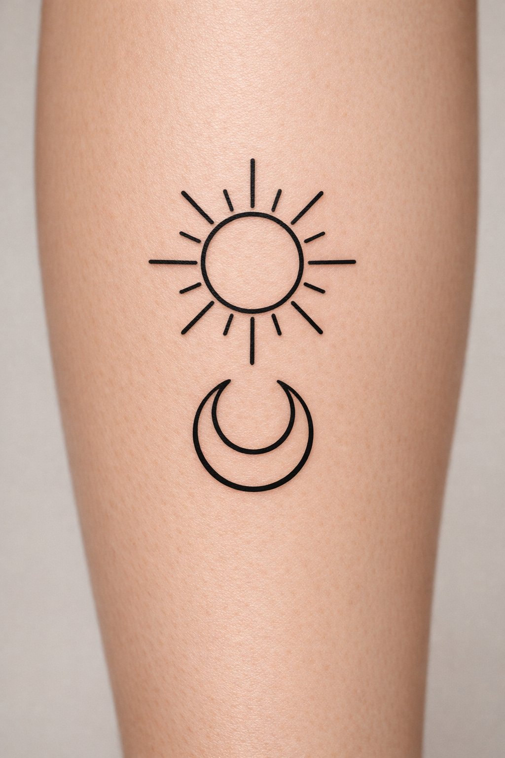 Macro shot of a simple line-art sun and a crescent moon tattoo aligned vertically on the calf. Clean, bold outlines, captured with even lighting to show symmetry