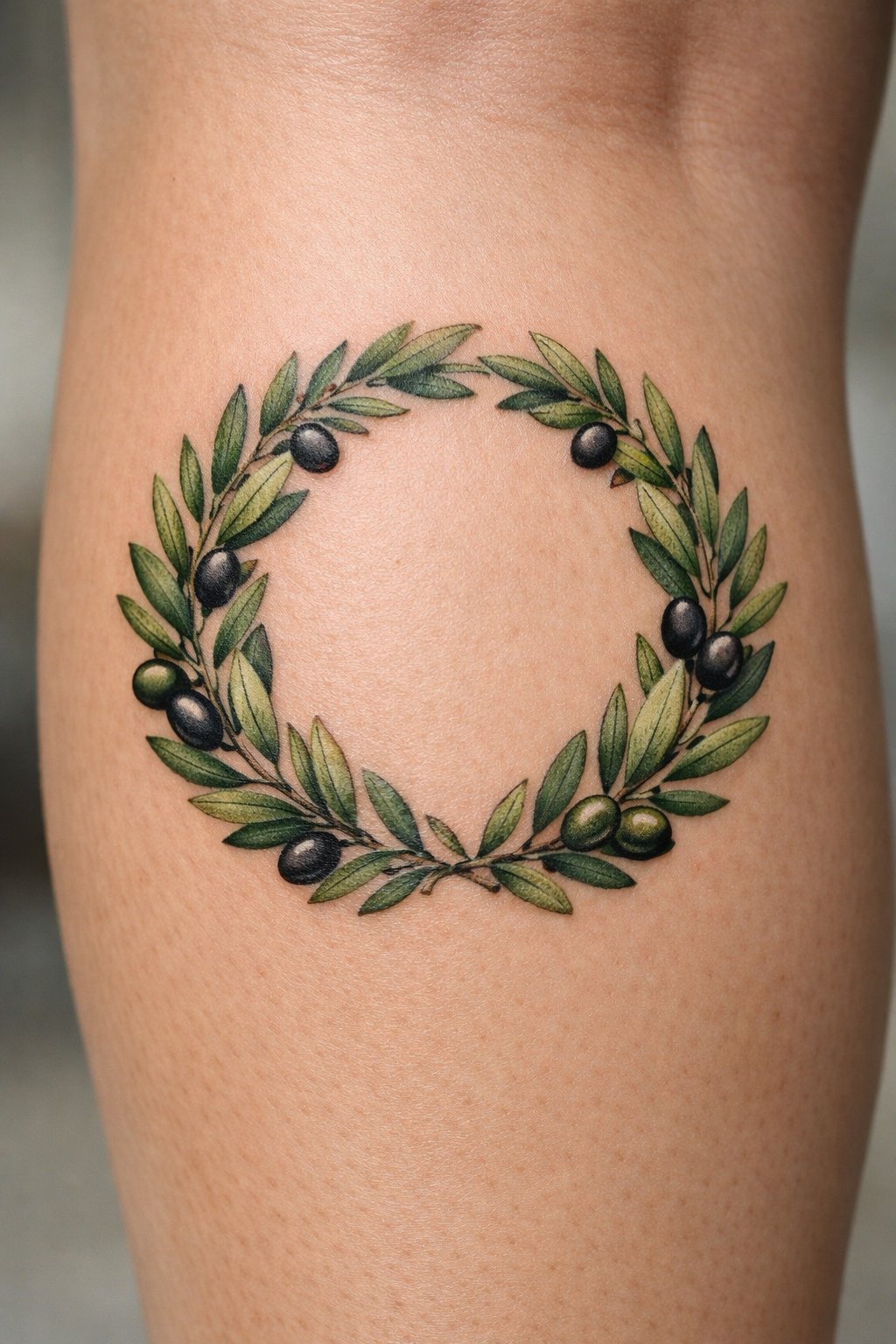 Macro shot of an olive branch wreath tattoo on the back of the upper calf. Focus on the detailed leaves and tiny olives, forming a perfect circle.